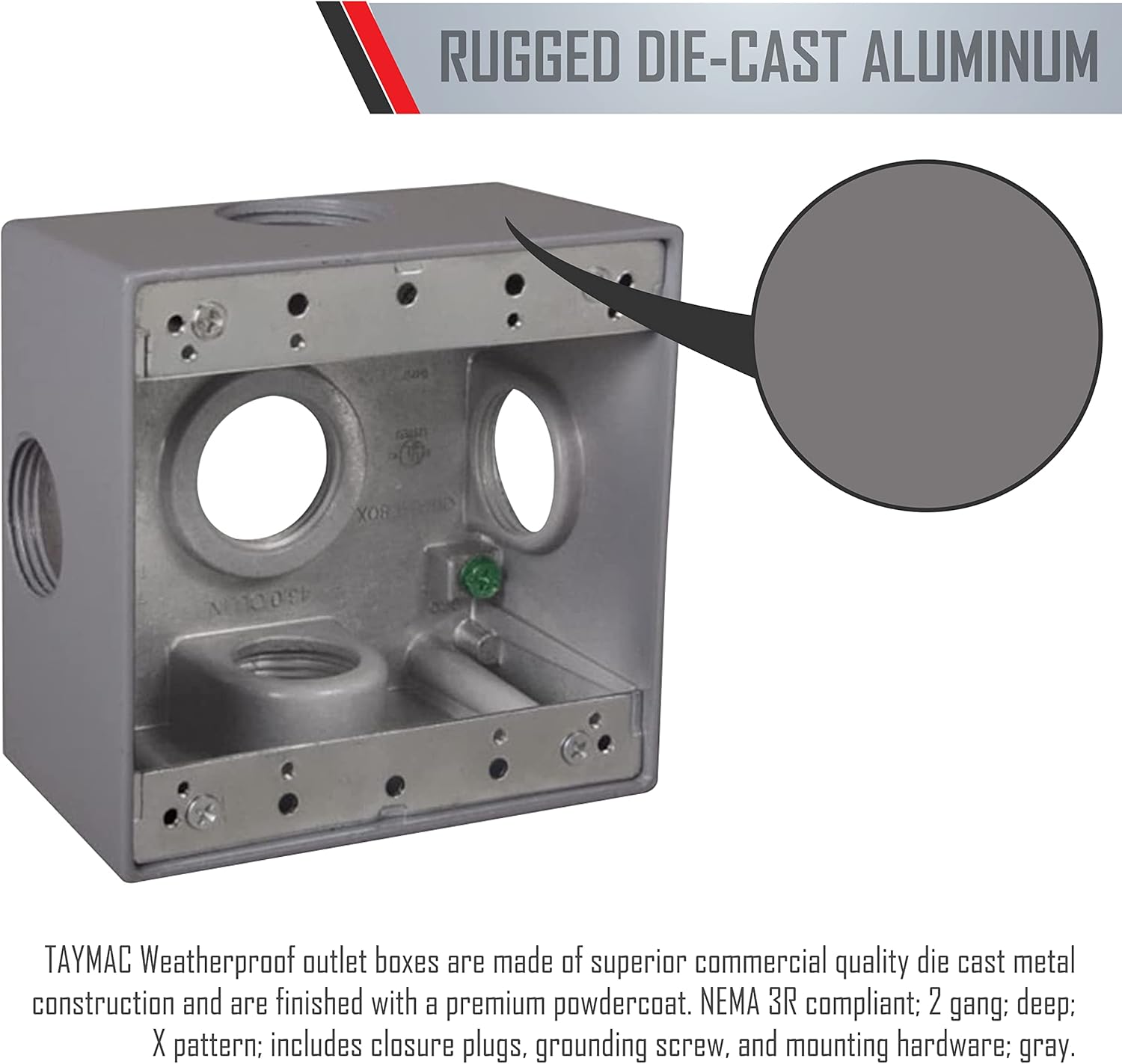 TayMac DD5100XS 4-1/2-Inch X 4-1/2-Inch Gang Weatherproof Box, 1-Inch Outlets, Side Lug, Gray