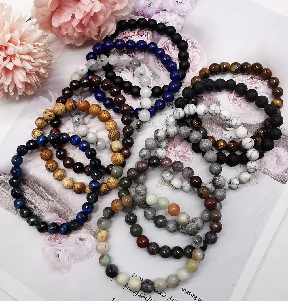 12 Pcs 8mm Gemstones Beaded Bracelets for Men Women Semi-Precious Stone Stretch Round Bead Crystal Bracelets Unisex - Image 6