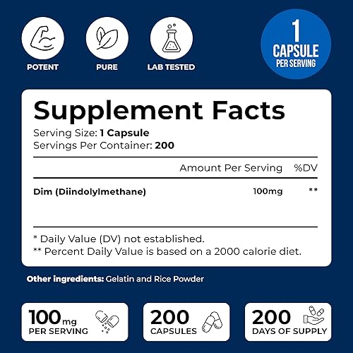 Miniatura 2 de DIM 100 mg 200 cápsulas - Suministro de 200 días - Suplemento DIM de diindolilmetano para apoyo con niveles saludables de estrógeno y hormonas