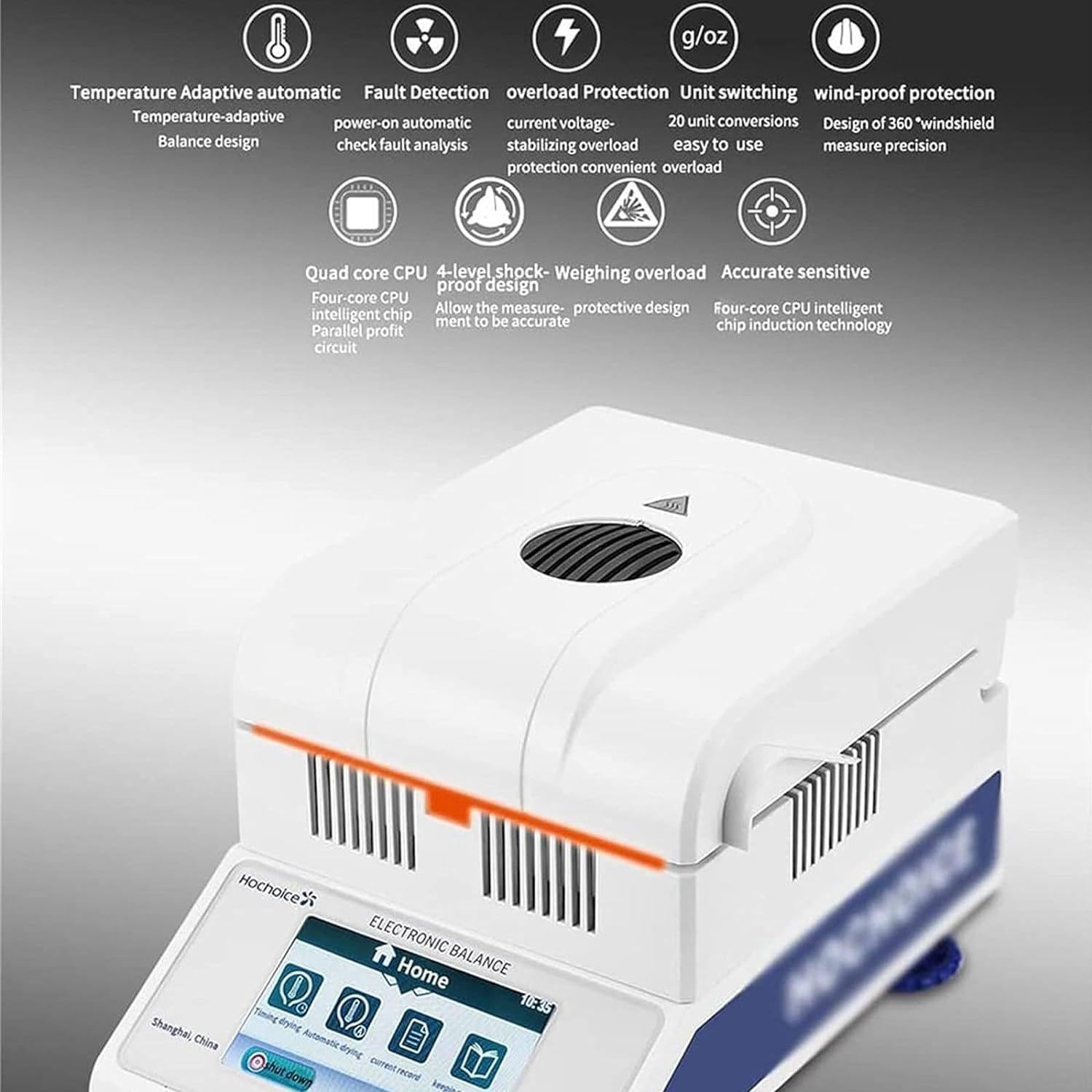 Labor-Feuchtigkeitsanalysator mit Halogenheizung für schnelle Feuchtigkeitstests, Feuchtigkeitsausgleich mit Touchscreen, kompaktes Design, 2 Trocknungsmodi mit USB- und RS232-Anschlüssen,100g0.001
