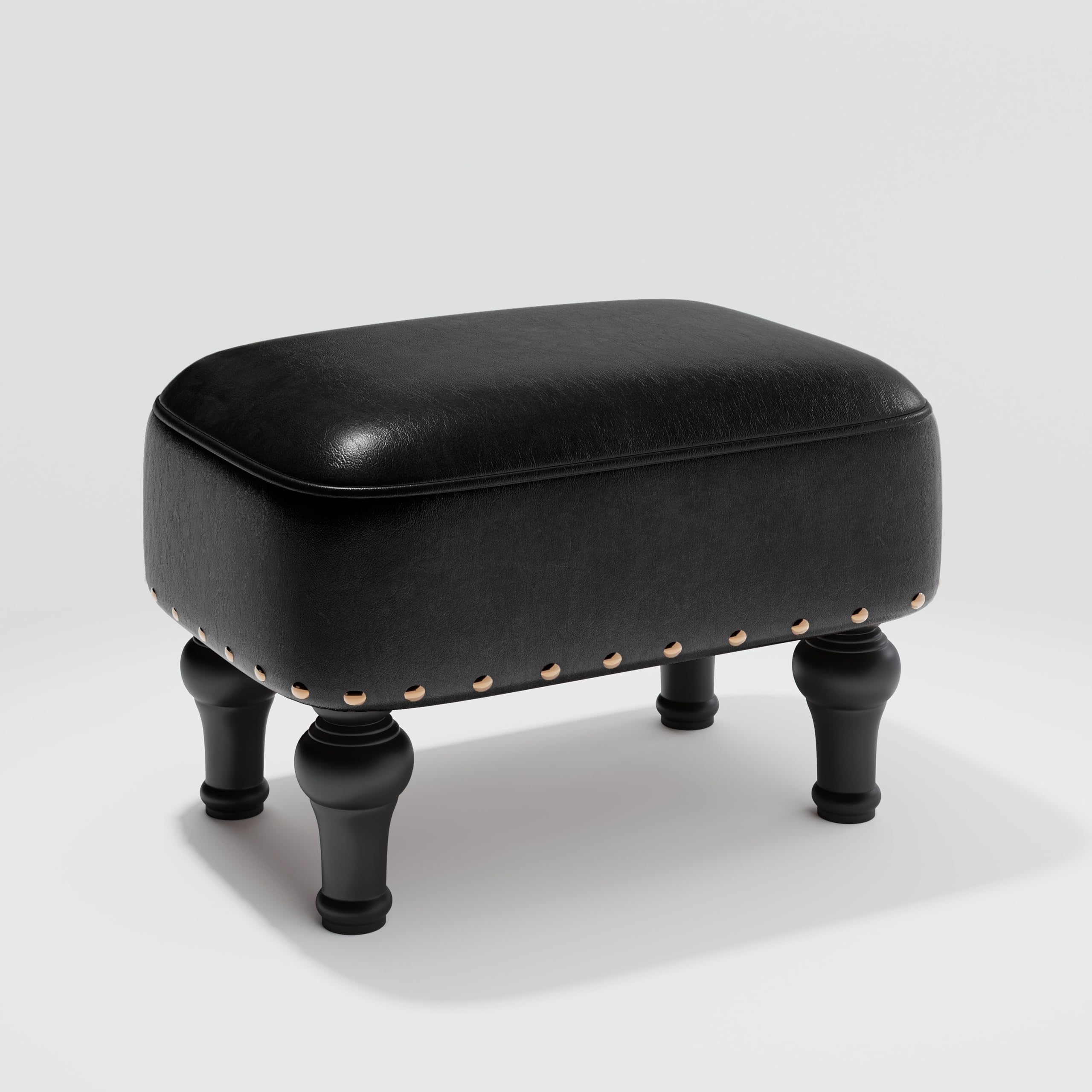 Ottoman Leather Foot Rest with Thicker Foam Padded Seat, Footstool with Wooden Legs (Black)