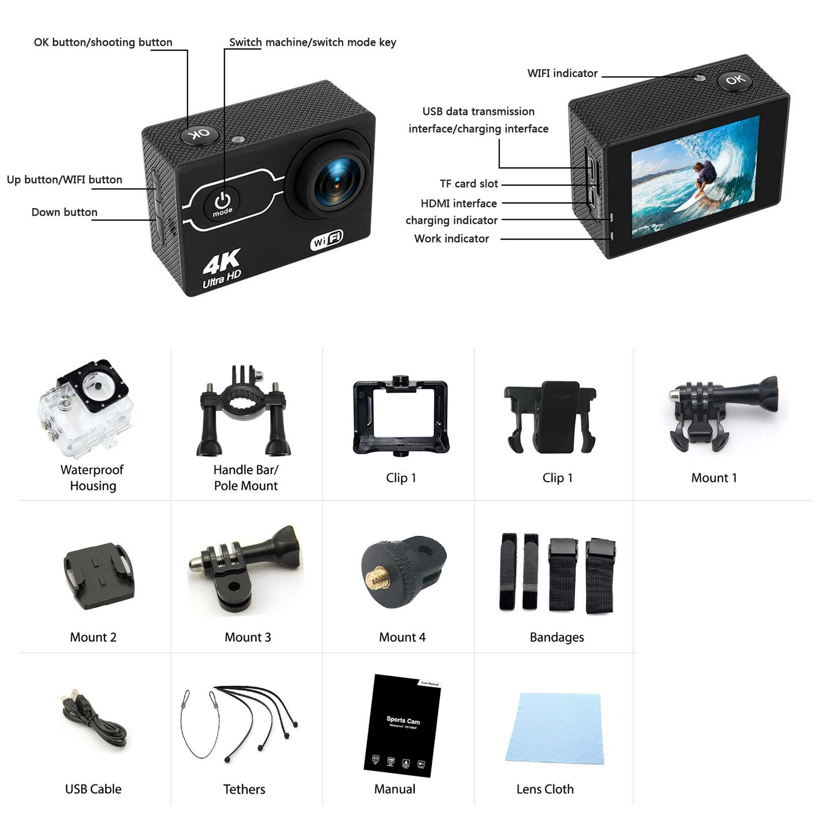 Appareil Photo Etanche Full HD 4K 16MP Appareil Photo étanche Selfie Camescope Étanche Jusqu'à 30M et Stabilisation EIS pour la Randonnée ou Les Voyages en Bord de Mer en Famille