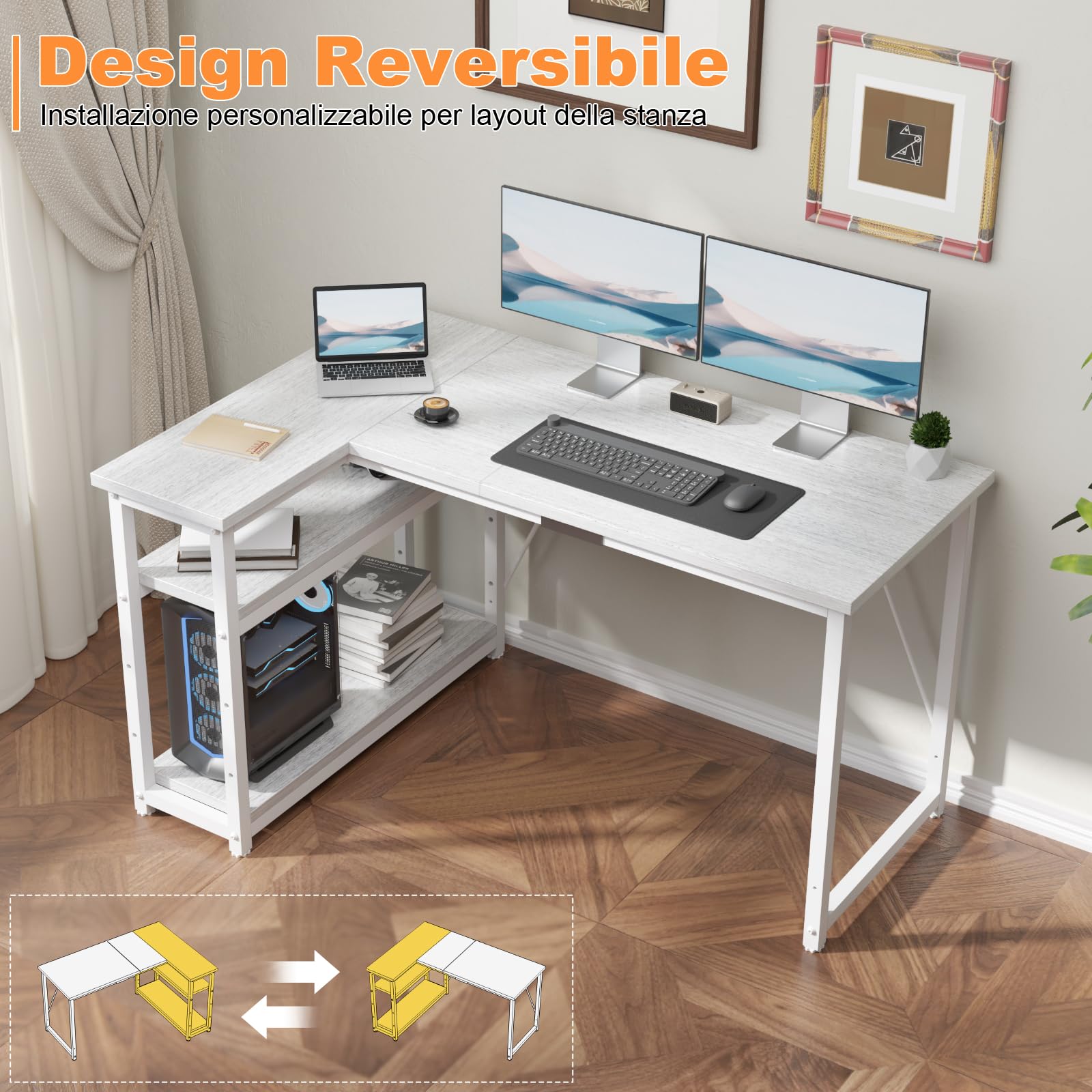 TRIUMPHKEY Scrivania ad Angolo Reversibile 120 x 80cm, Scrivania a Forma di L con Ripiani,Tavolo da Lavoro,Struttura in Acciaio, per Computer, Ufficio, Studio and Soggiorno, Marrone rustico