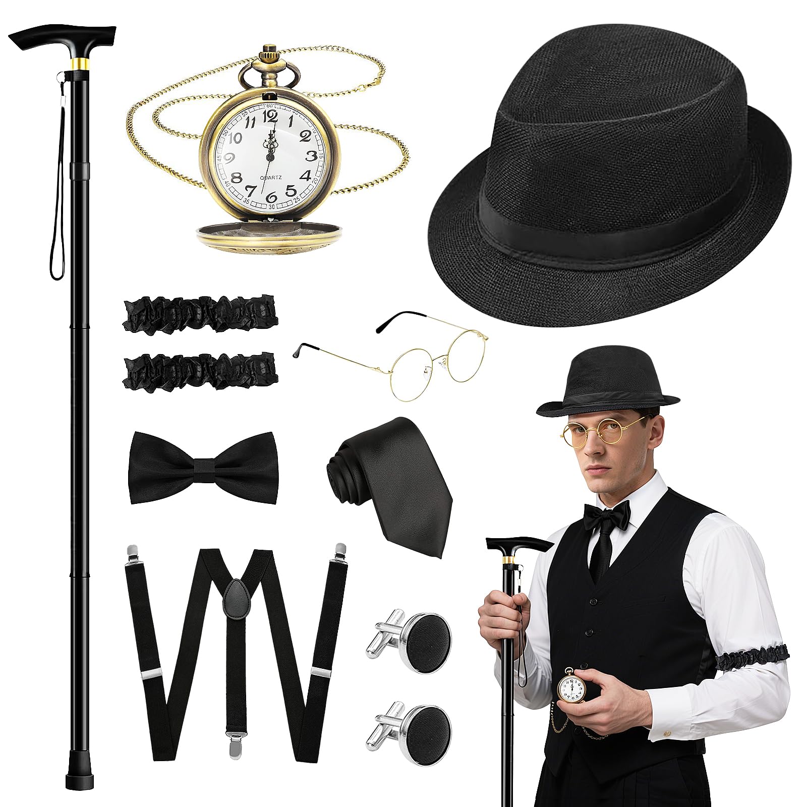 1920s Mens Costume Accessories Set, Vintage Gentleman Gatsby Gangster Fancy Dress with Adjustable Metal Folding Cane Pocket Watch Pre-tied Bow Tie Glasses Suspender for Roaring 20s Themed Party