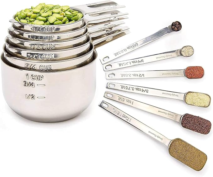 Simply Gourmet Measuring Cups and Spoons Set of 12, 304 Premium Stainless Steel, Stackable Cups Long Handle Spoons Fits Narrow Jars, Kitchen Gadgets for Liquid & Dry Ingredients Cooking Baking