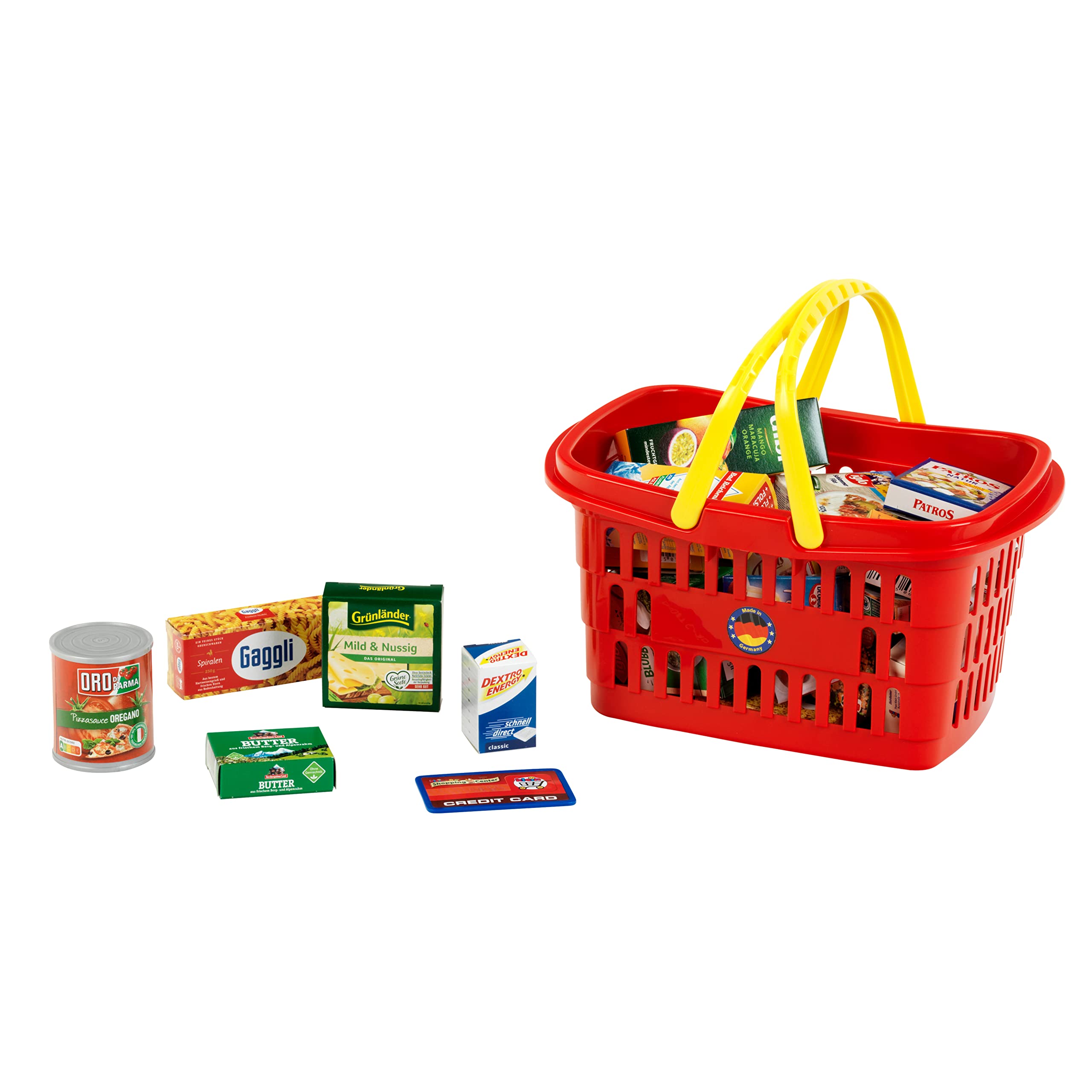 Theo Klein 7218 Koszyk na zakupy I Wypełniony niemieckimi produktami do sklepu I Zabawka dla dzieci od 2 lat