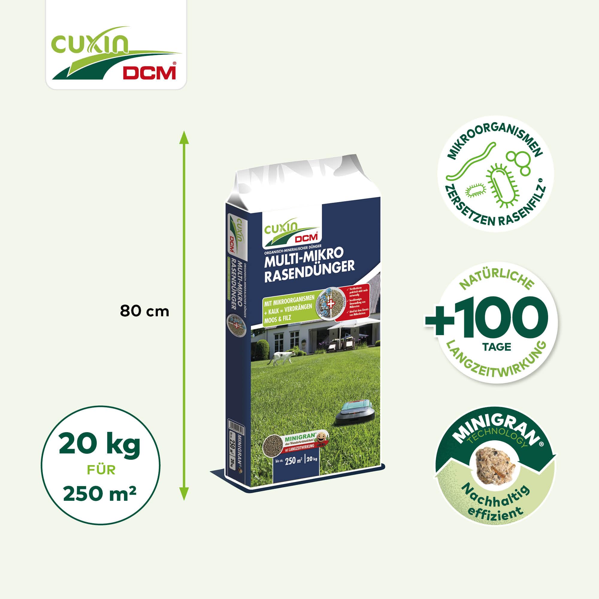 CUXIN DCM Multi-mikro nawóz do trawnika – długoterminowy nawóz do trawnika – w technologii MINIGRAN® – robot koszący – organiczno-mineralny nawóz NPK – 20 kg na 250 m²
