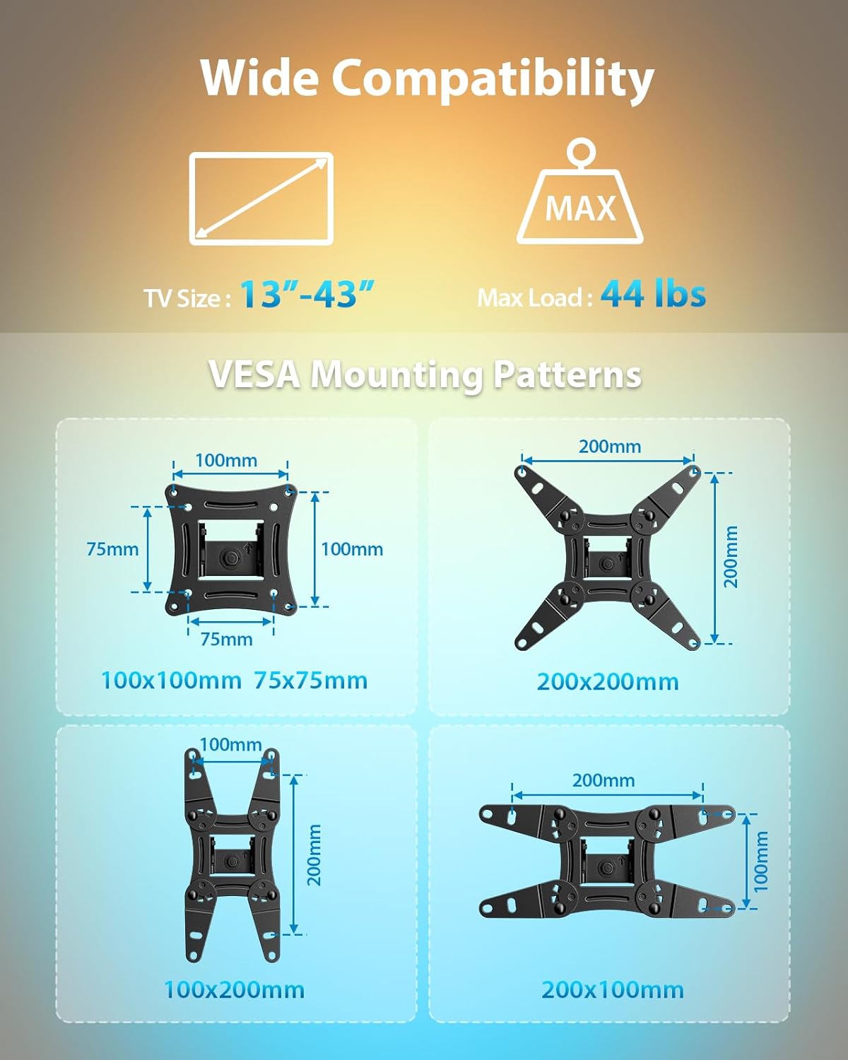 Pipishell Full Motion TV Wall Mount with LED Light for Echo Show 21/15 and 13″–43″ TVs up to 44 lbs, Max VESA 200 x 200mm, Backlit TV Mount with Music Sync, Rotation Swivel Extension Tilt, PISF06B