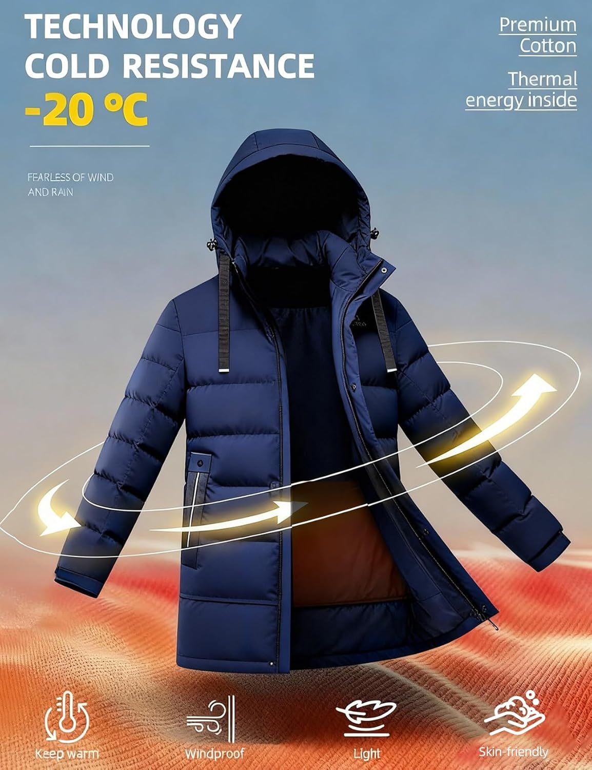 Gihuo Men's Winter Coat Long Puffer Jacket Warm Hooded Quilted Jacket Parka Outerwear - Image 4