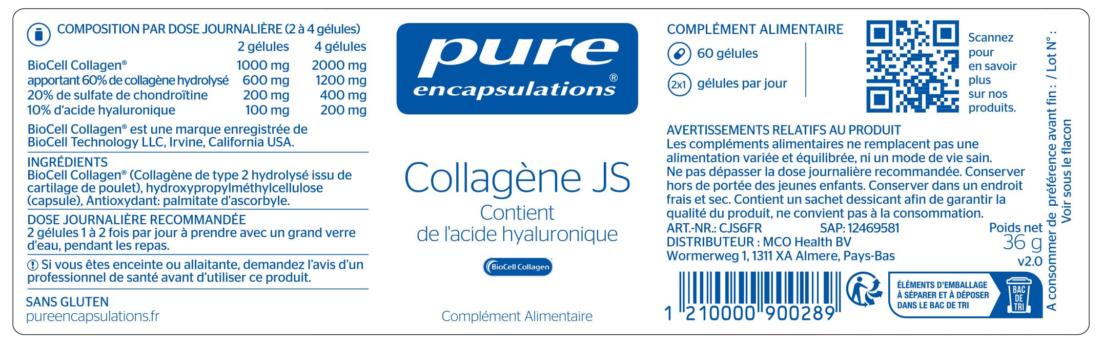 Pure Encapsulations - Collagen JS - Pour l'Absorption Efficace du Collagene - 60 Gélules