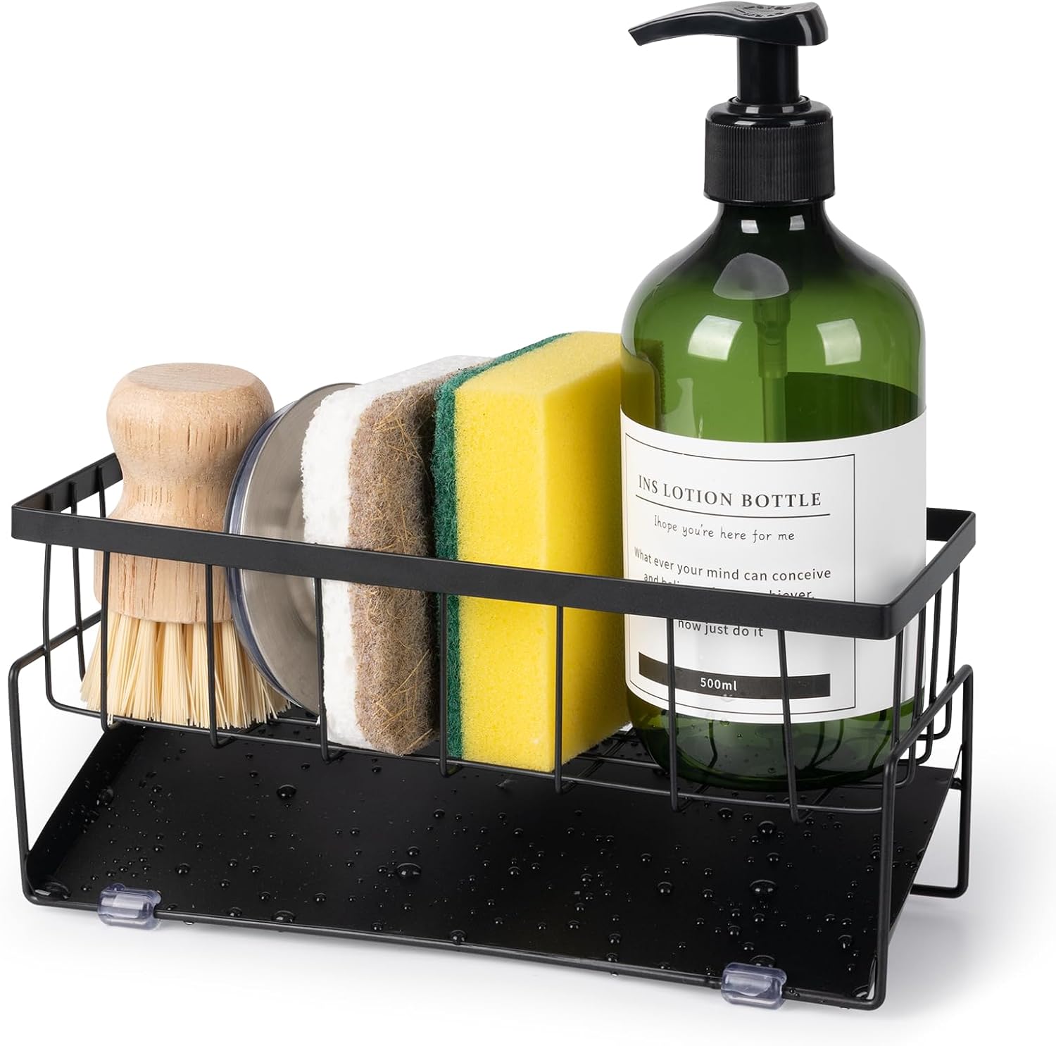 Kitchen Sink Caddy Countertop, 9.06" Rust-Proof Metal Sponge Holder for Kitchen Sink Counter,Drainage Caddy for Countertop with Angled Tray (Black)