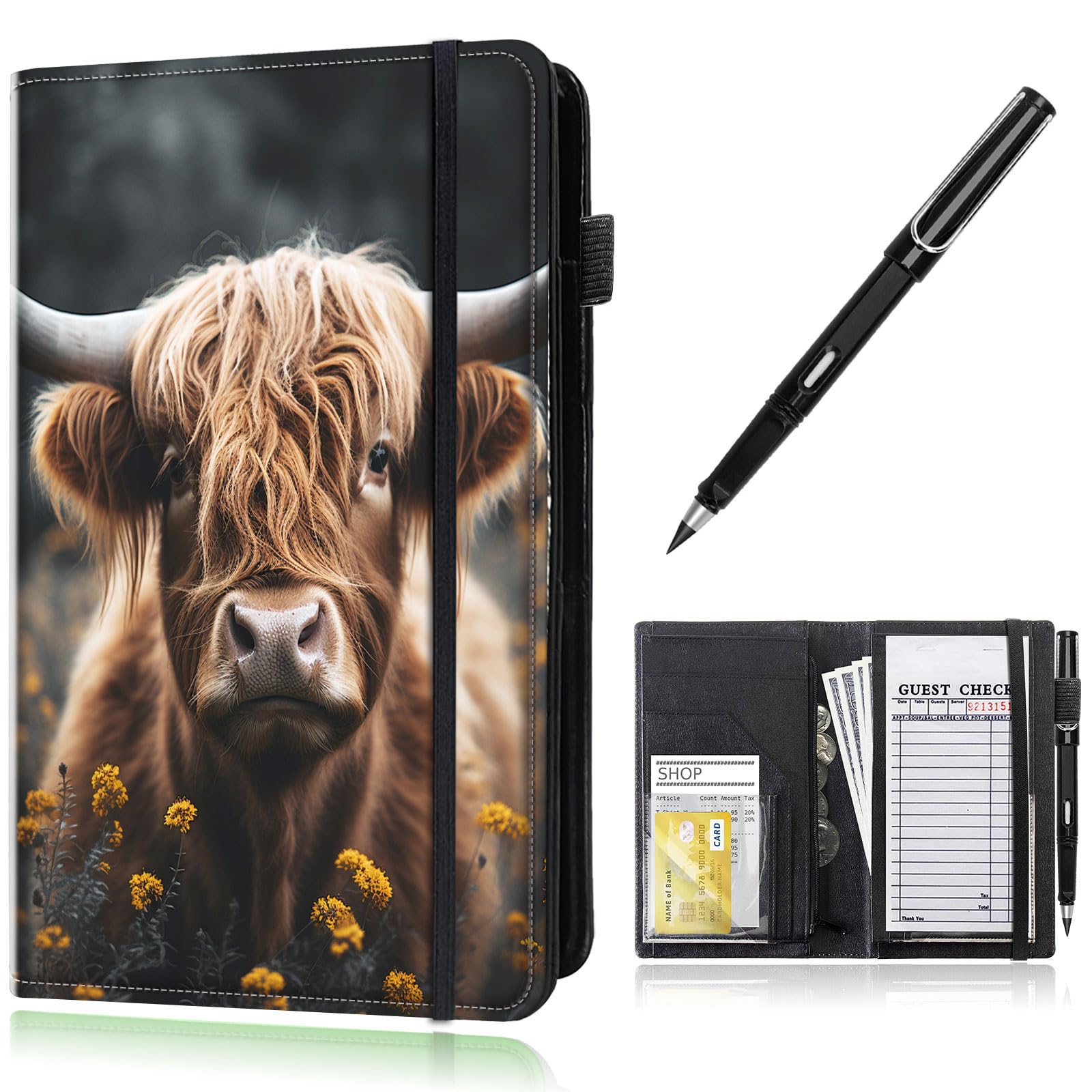 Server Book,Waitress Book,Waiter Book Server Organizer with Zipper Pocket,Leather Waitress & Waitstaff Book Wallet with Card Slot Guest Check Holder 9 x 5 Inch Server Book,Highland Cow Cattle