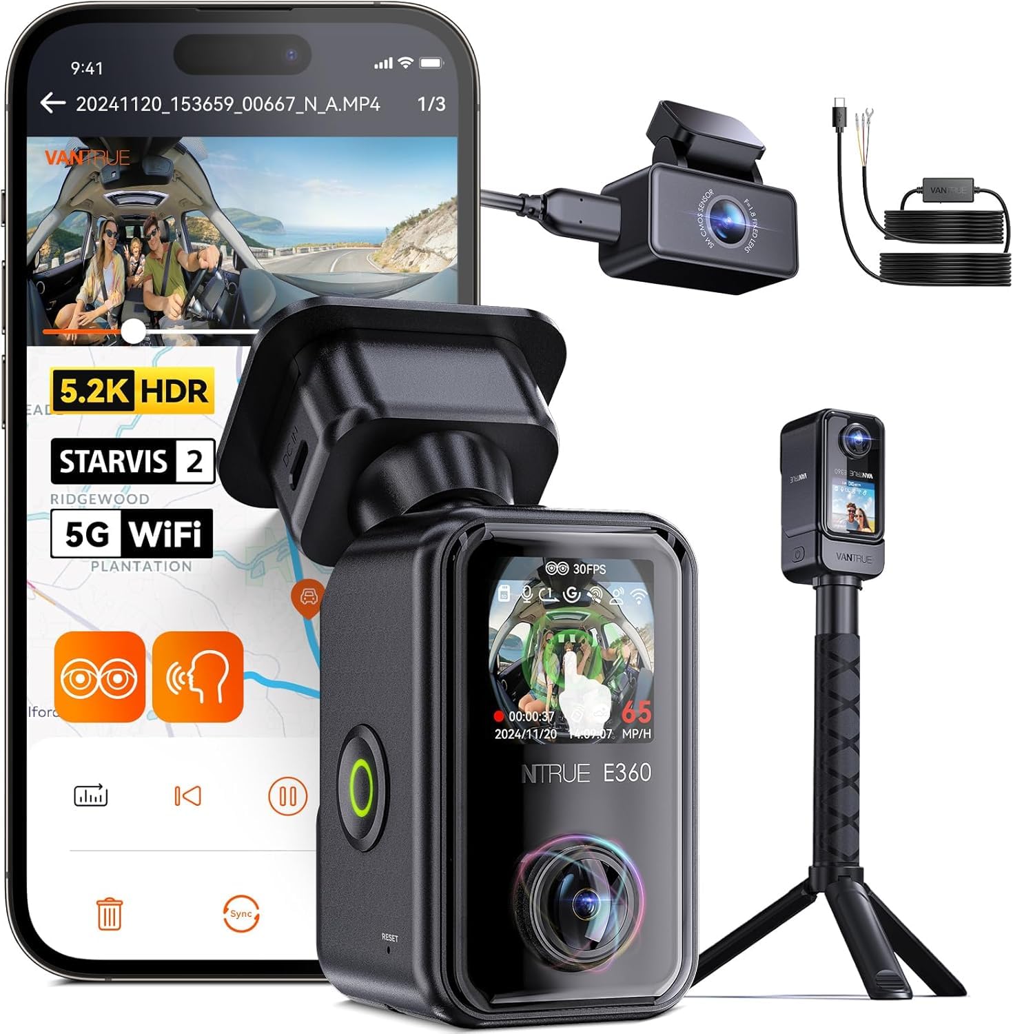 VANTRUE E360 Ace Cámara de Coche Dashcam 3 Canales y VANTRUE Kit de cableado USB-C Ajustable con 2 etapas para Dashcam