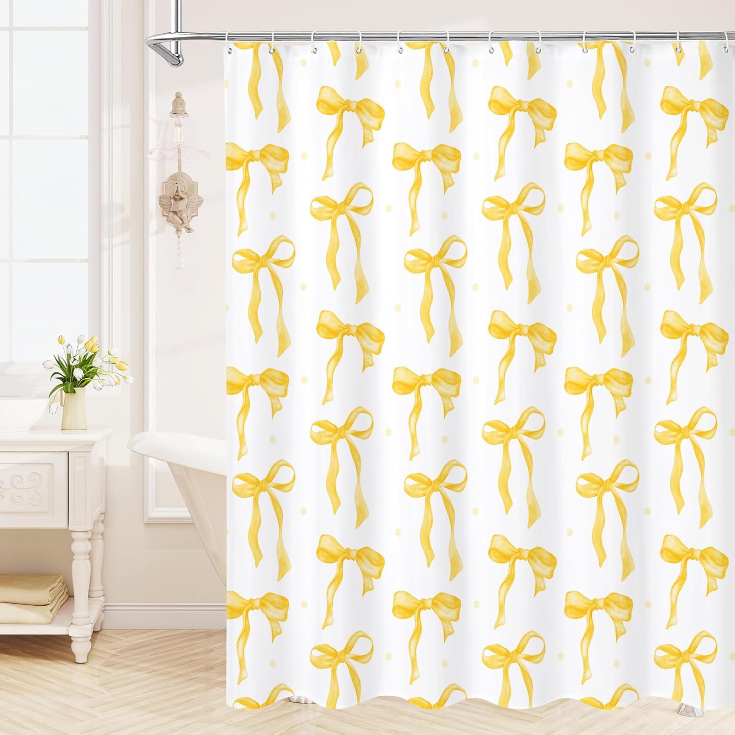 Litabel Cute Bow Shower Curtain, Yellow Aesthetic Bowknot Shower Curtain for Bathroom, Modern Minimalist White Waterproof Fabric Shower Curtain Set, 72x72 Inch