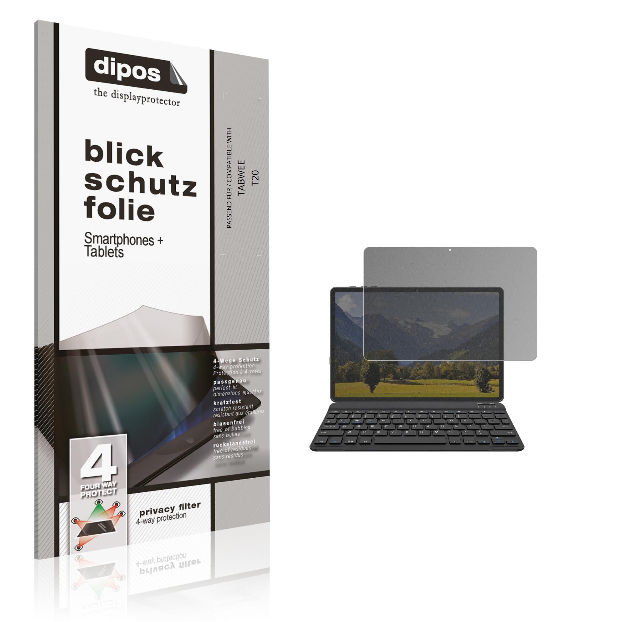 dipos Protector de Pantalla Antiespía para TABWEE T20 | Película protectora mate, filtro de privacidad 4 vías, ajuste perfecto, antiarañazos, sin burbujas, autoadhesivo