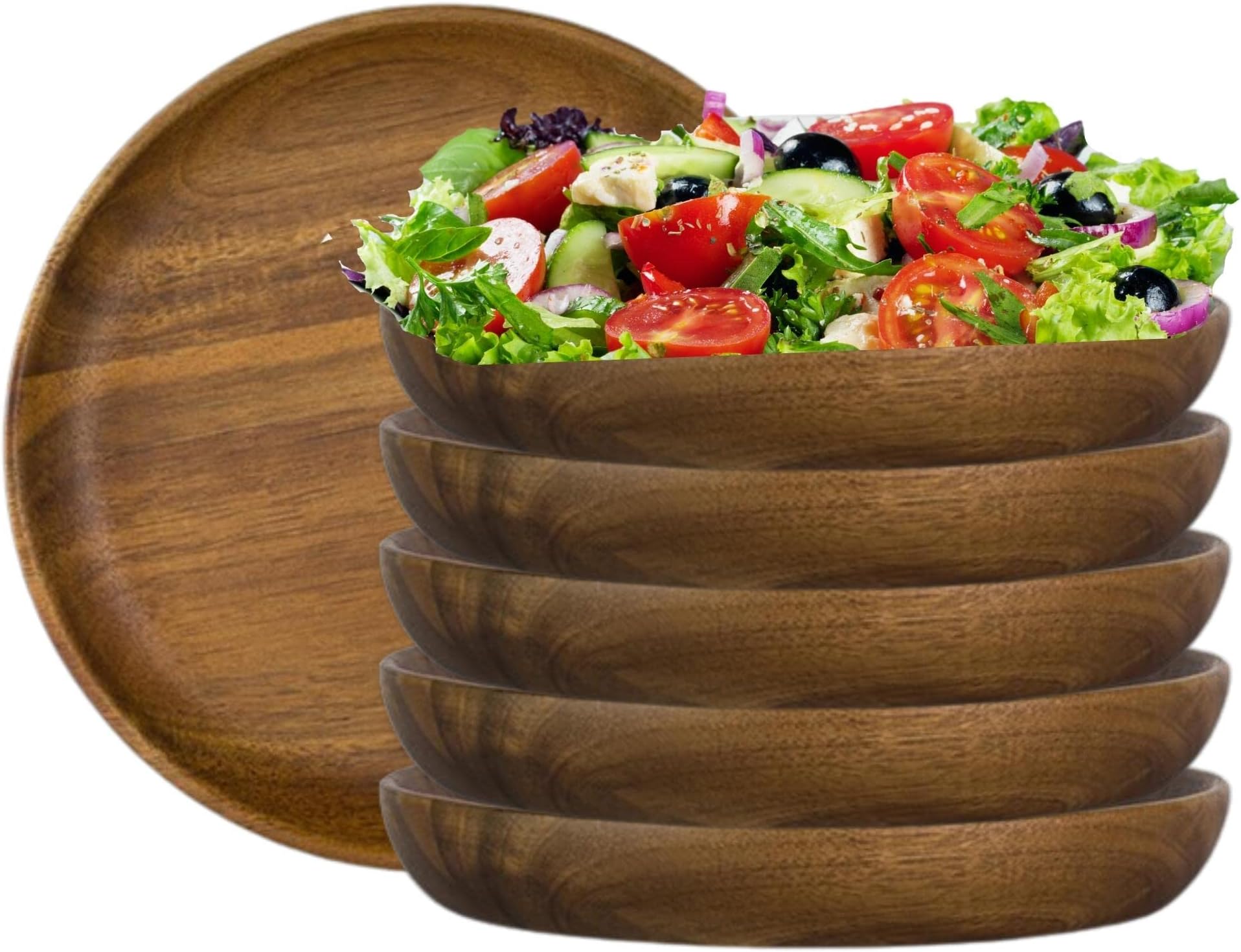 6525TW308 Round Wood Platters, Acadia Shallow Rimmed Food Board, 12" Dinner Plate, Appetizers, Salads, Charcuterie, 1.25" Deep, 6 Pcs , Brown