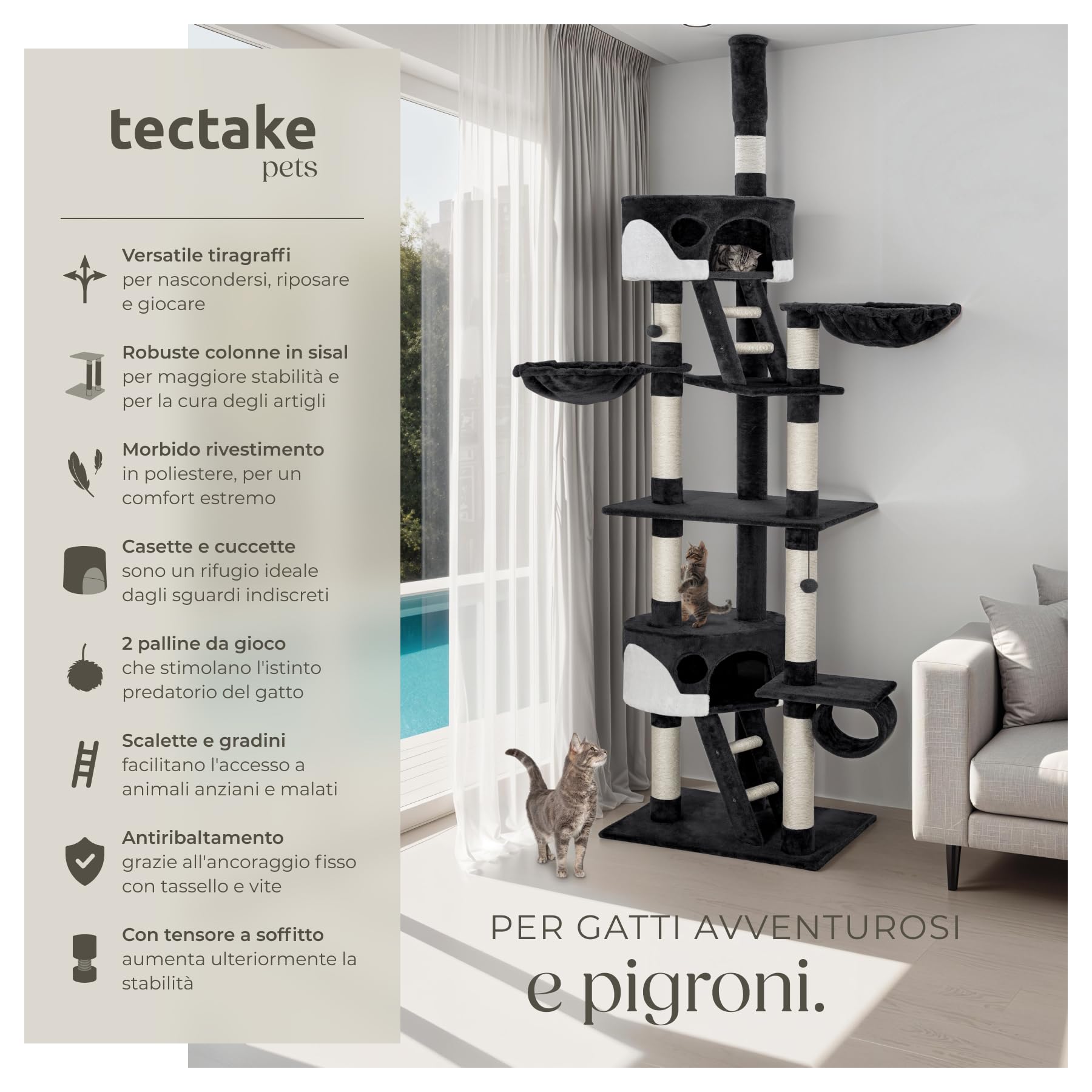 tectake® Albero Tiragraffi per Gatti, con 2 Casette, 3 Piattaforme, Altezza Regolabile 243-260 cm, Barre in Sisal 8 cm di Diametro, Ideale per Gioco e Riposo - Nero/Bianco