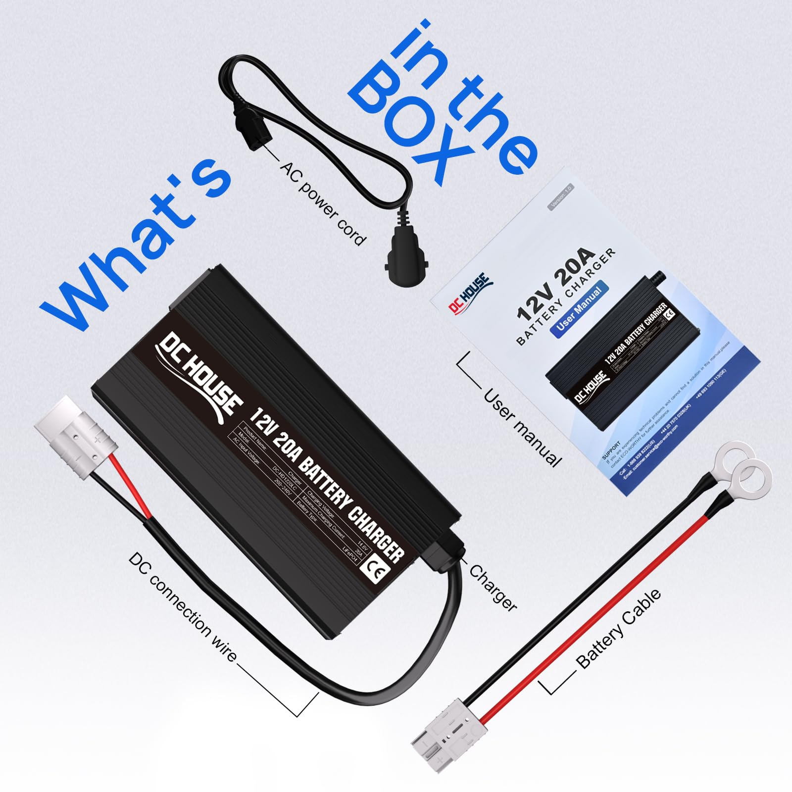 DCHOUSE Caricabatterie al litio da 12 V 20 A, connettore rapido e indicatore LED | Caricabatterie LiFePO4 da 14,6 V, ricarica rapida intelligente da 300 W per batterie solari e domestiche