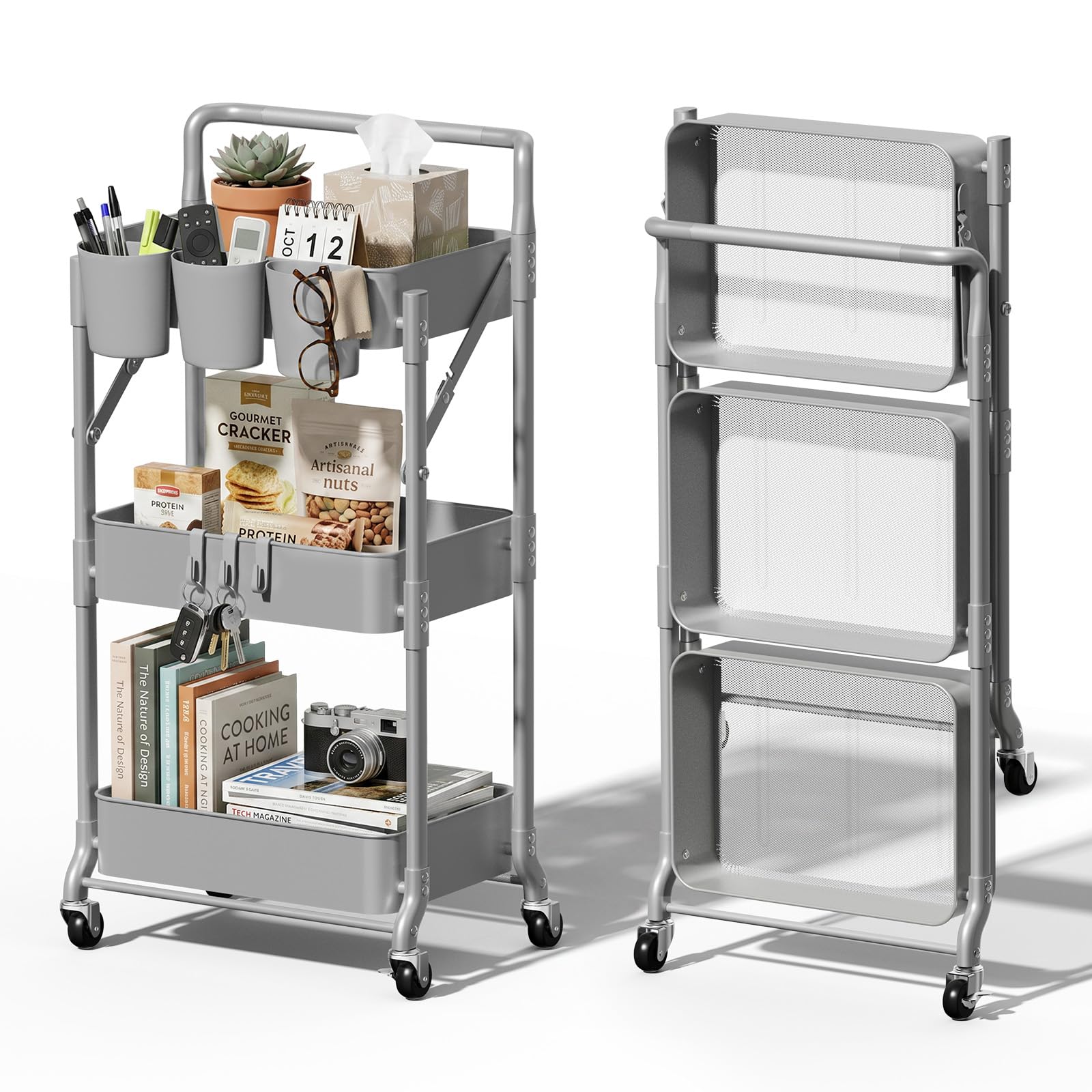 Plegable Carrito Auxiliar con Ruedas 3 Niveles ExtraíBle Estrecho Carro de Almacenamiento para Cocina Baño Jardin (Gris)