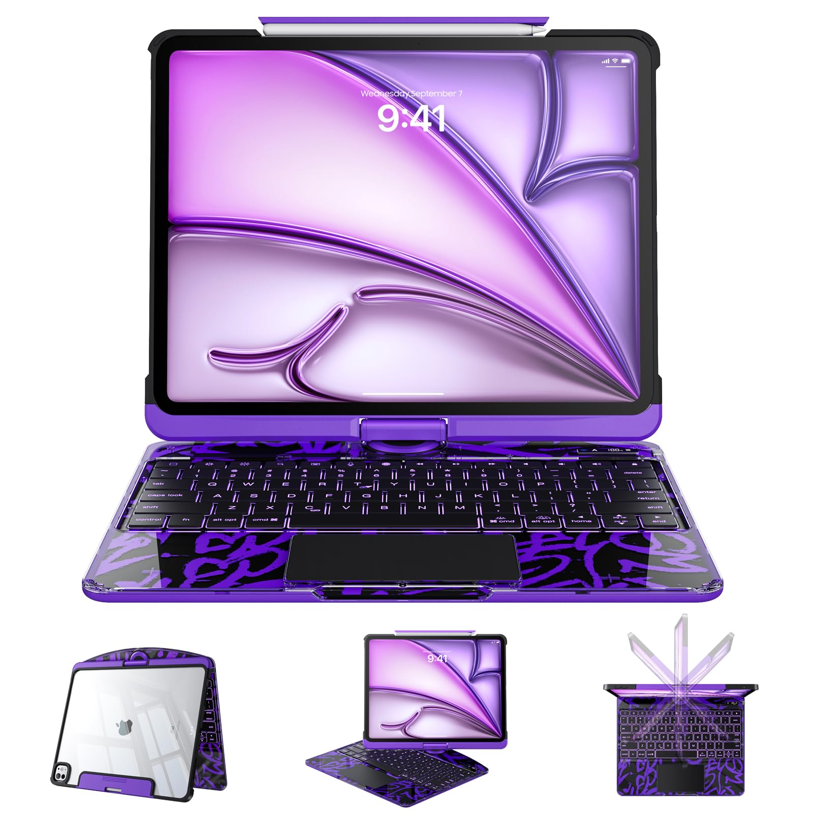 Clear Case with Keyboard for iPad Air 13 Inch (M4/M3/M2, 2026/2025/2024) &amp; 12.9 Pro (3/4/5/6th), 360°+180° Rotating iPad Keyboard, LCD Display, Pencil Holder, 7-Color Backlit, Trackpad, Purple