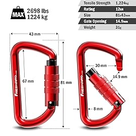 FresKaro 3inch Auto Locking Carabiner Clips, Solid D Shape Style, Heavy Duty Keychain Aluminum Carabiner - Holds a Maximum of 2698lbs, Lightweight 1.09oz, for Hammock, Hiking, Dog Leash, 3pack, Red