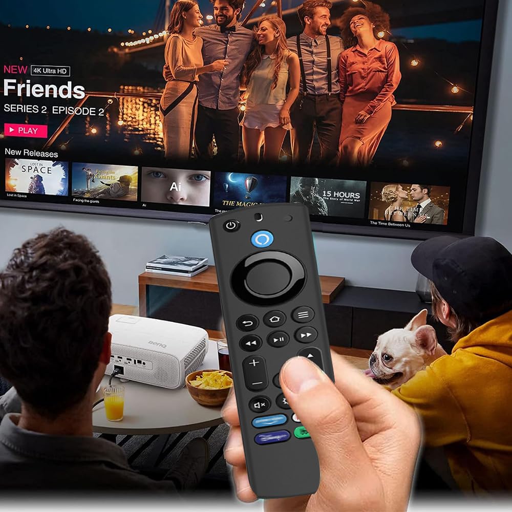 Pinowu Silicona Estuche Remoto (2 Piezas) Compatible con Fire TV Stick 4K MAX (2º) / Toshiba/Insignia/Pioneer/Omni Alexa Voice Remote Mejorado con cordón (Verde, púrpura, Brillan