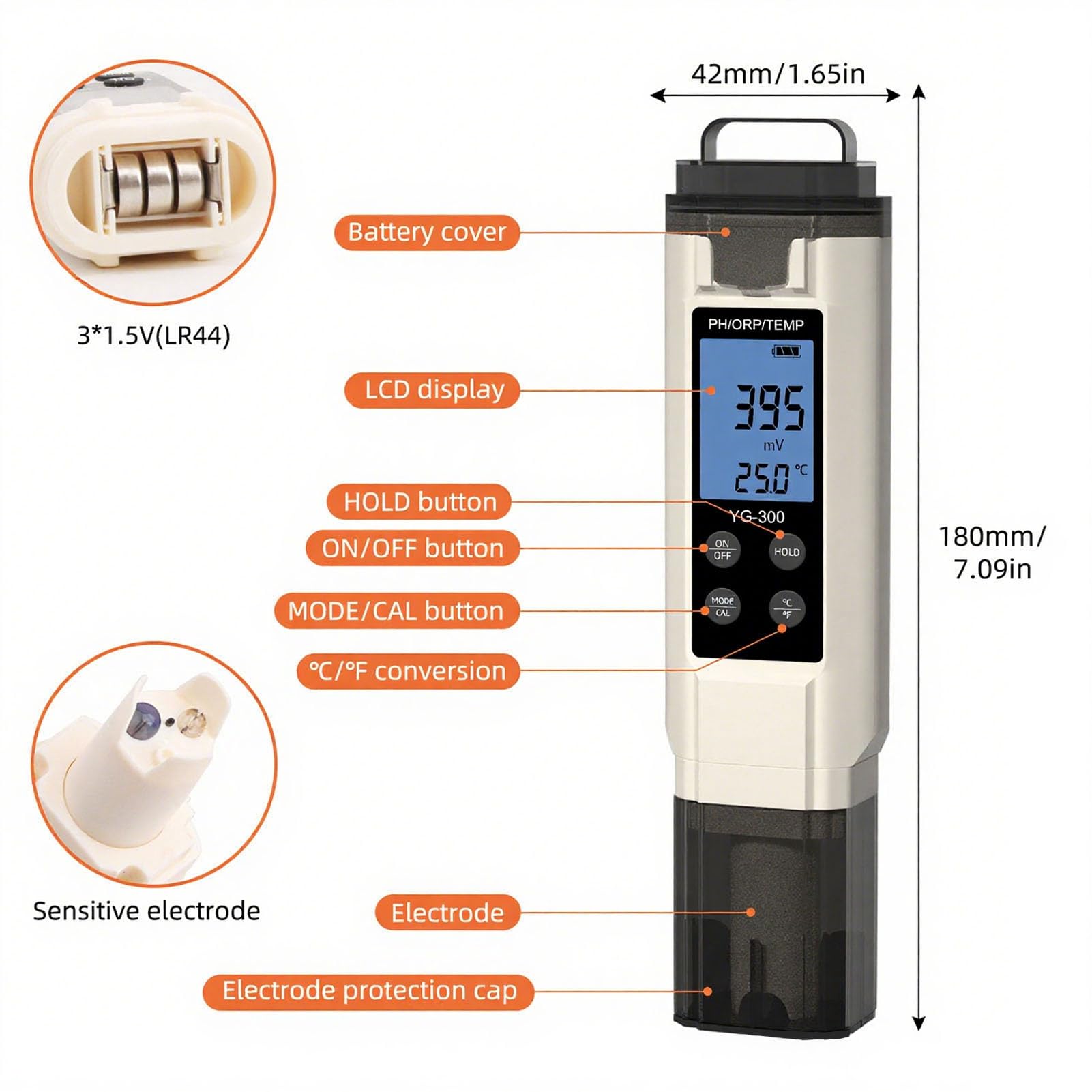 Medidor de temperatura PH ORP prueba profesional 3 en 1 probador de agua Digital portátil con pantalla LCD para piscinas granjas laboratorios de investigación
