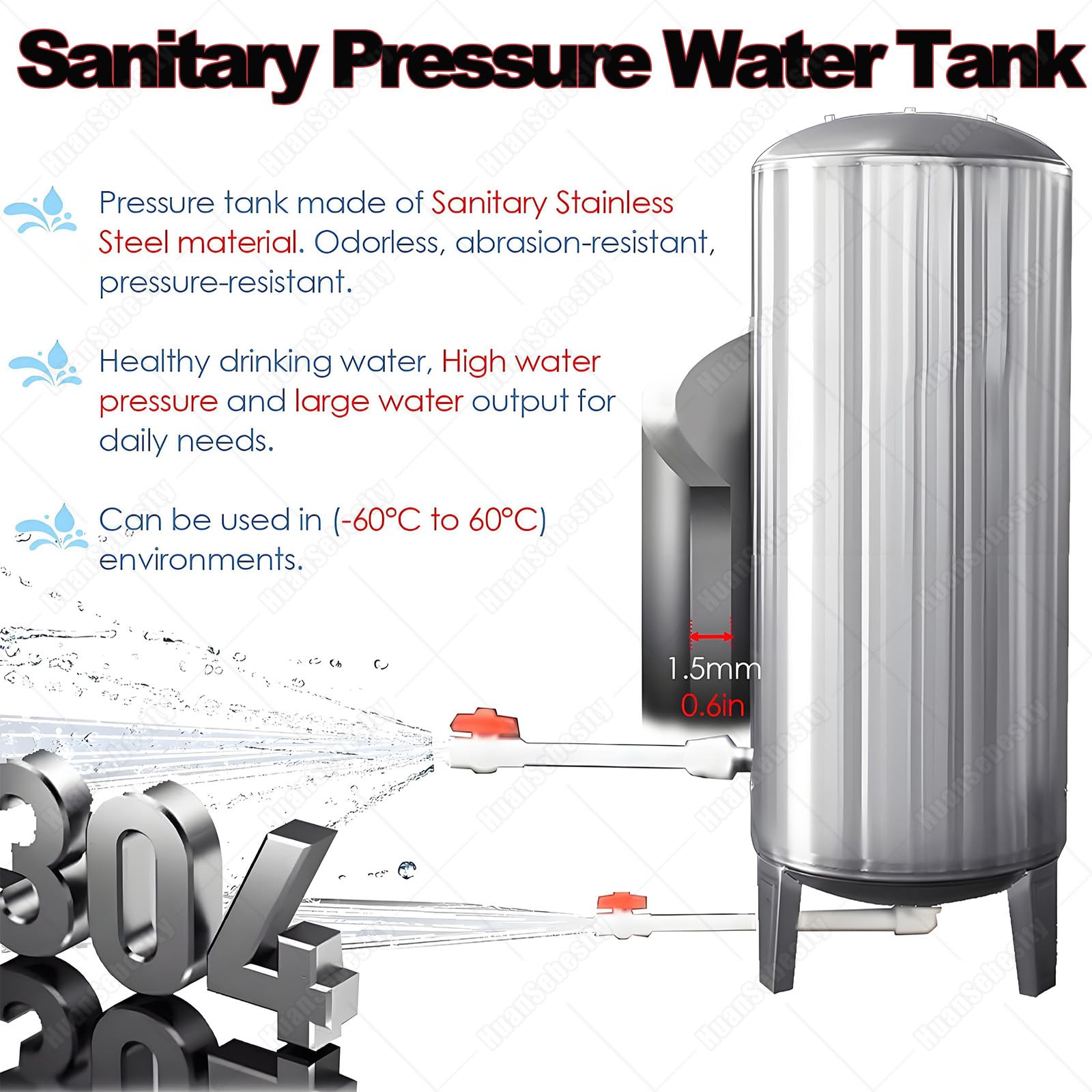 Vaso de Expansión 100 160 200l Tanque de Presión Agua para Bomba de Pozo, Tanques de Almacenamiento de Agua Verticales De Acero Inoxidable Presurizado Nocleaningport-60L