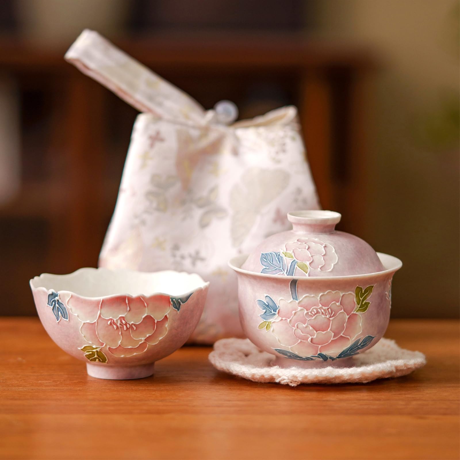 110 ml malowana piwonia dielianhua ceramiczny zestaw do herbaty na zewnątrz z kamerą - podróżny zestaw do herbaty [pakiet tkanin brokatowych] -110 ml