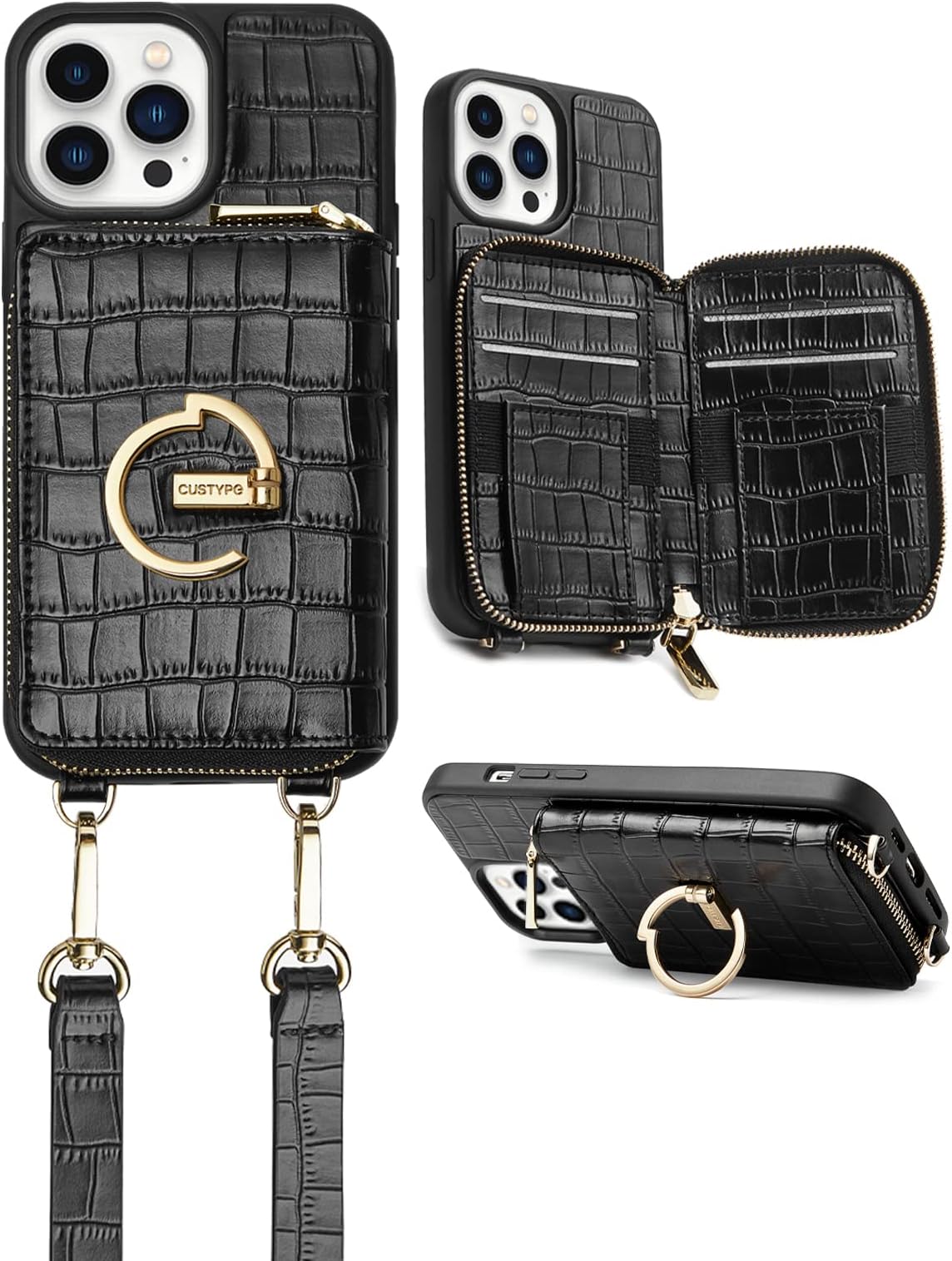 CUSTYPEfor iPhone 13 Pro Max Case Wallet with Card Holder for Women, Crossbody Zipper Case with Strap Wrist, Protective Leather Case Purse with Ring for Apple iPhone 13 Pro Max 6.7inch, Black