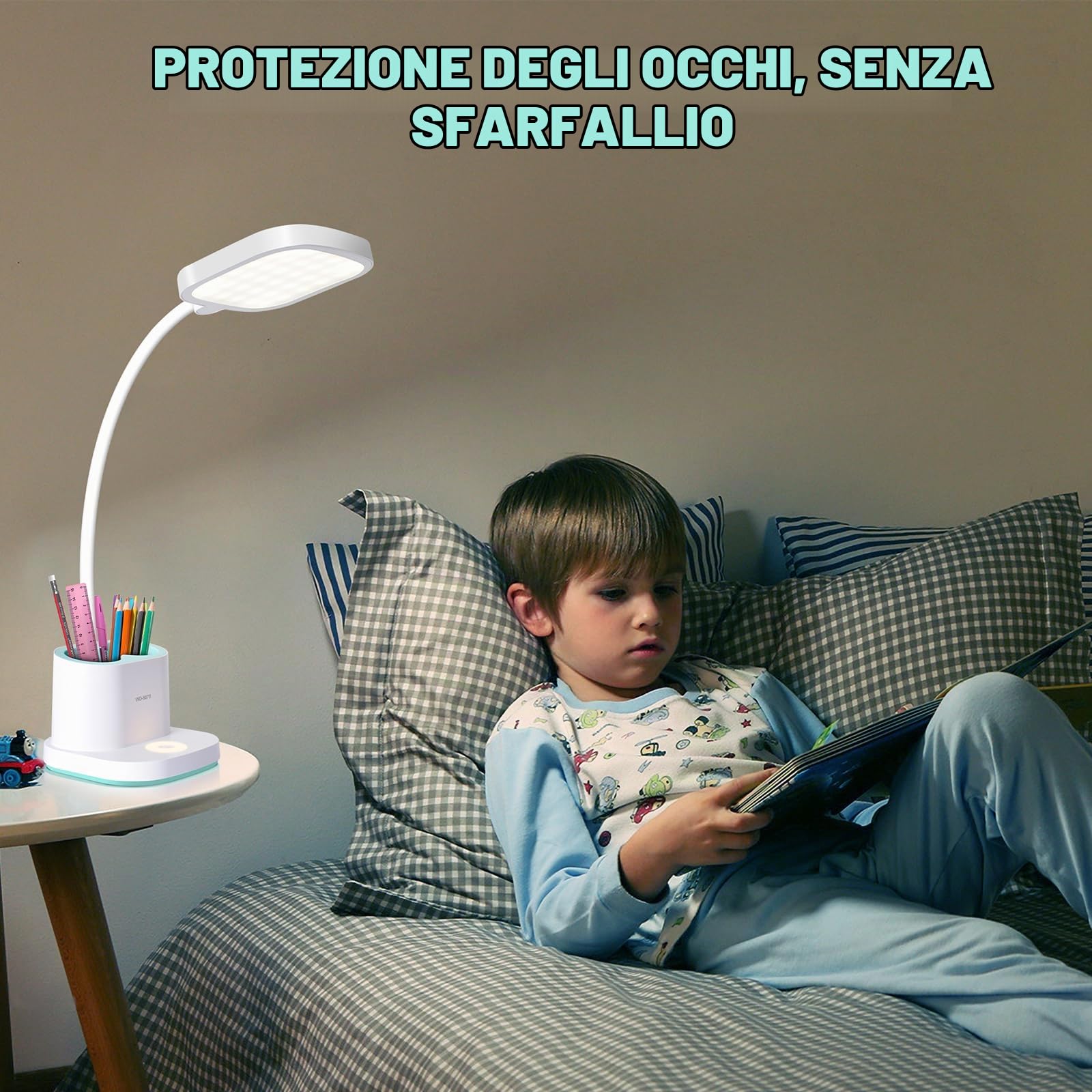 Lampada da Scrivania Ricaricabile 2400mAh, 3 Livelli Luminosità | Collo Flessibile 360°, Portapenne e Luce Notturna, Lampada da Tavolo Senza Fili per Camera da Letto, Studio, Bambini, Bianca