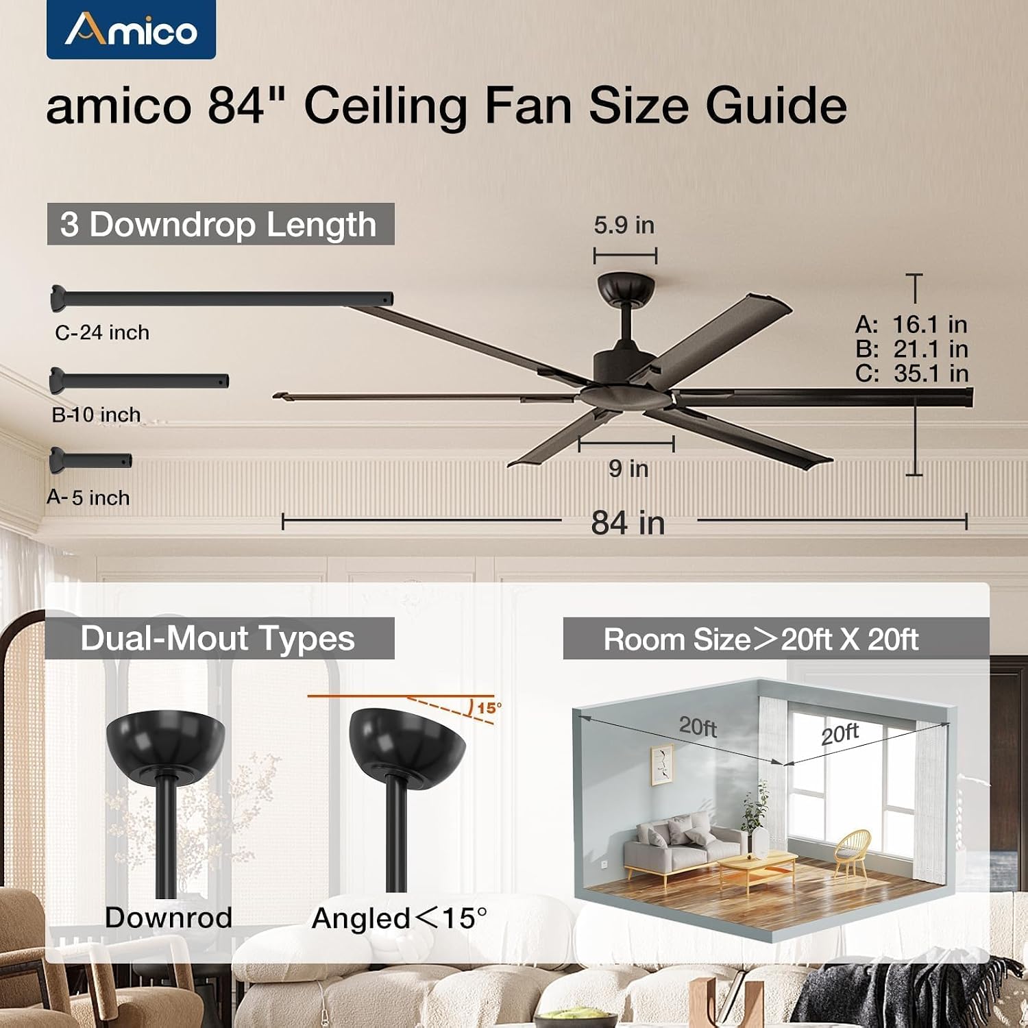 Amico 84 Inch Industrial Ceiling Fans Without Lights, Indoor/Outdoor Ceiling Fan with Remote Control, Reversible, 6 Blades, Noiseless, Black Ceiling Fan for Patio, Porch, Garage, Shop, Farmhouse