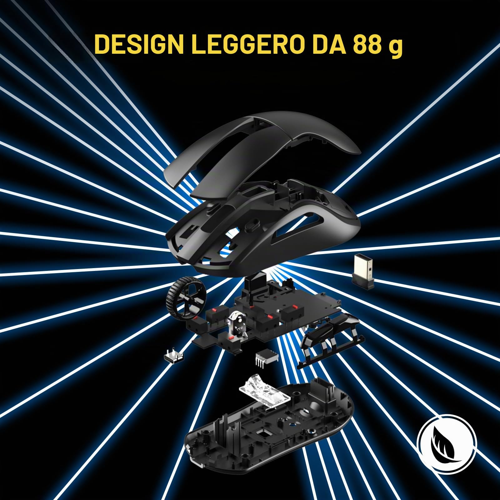 DAREU A950 Mouse gaming wireless con base di ricarica RGB, mouse da gioco leggero e programmabile da 88 g con tre modalità, fino a 12.000 DPI, 1.000 Hz, retroilluminazione RGB, ideale per PC e Mac