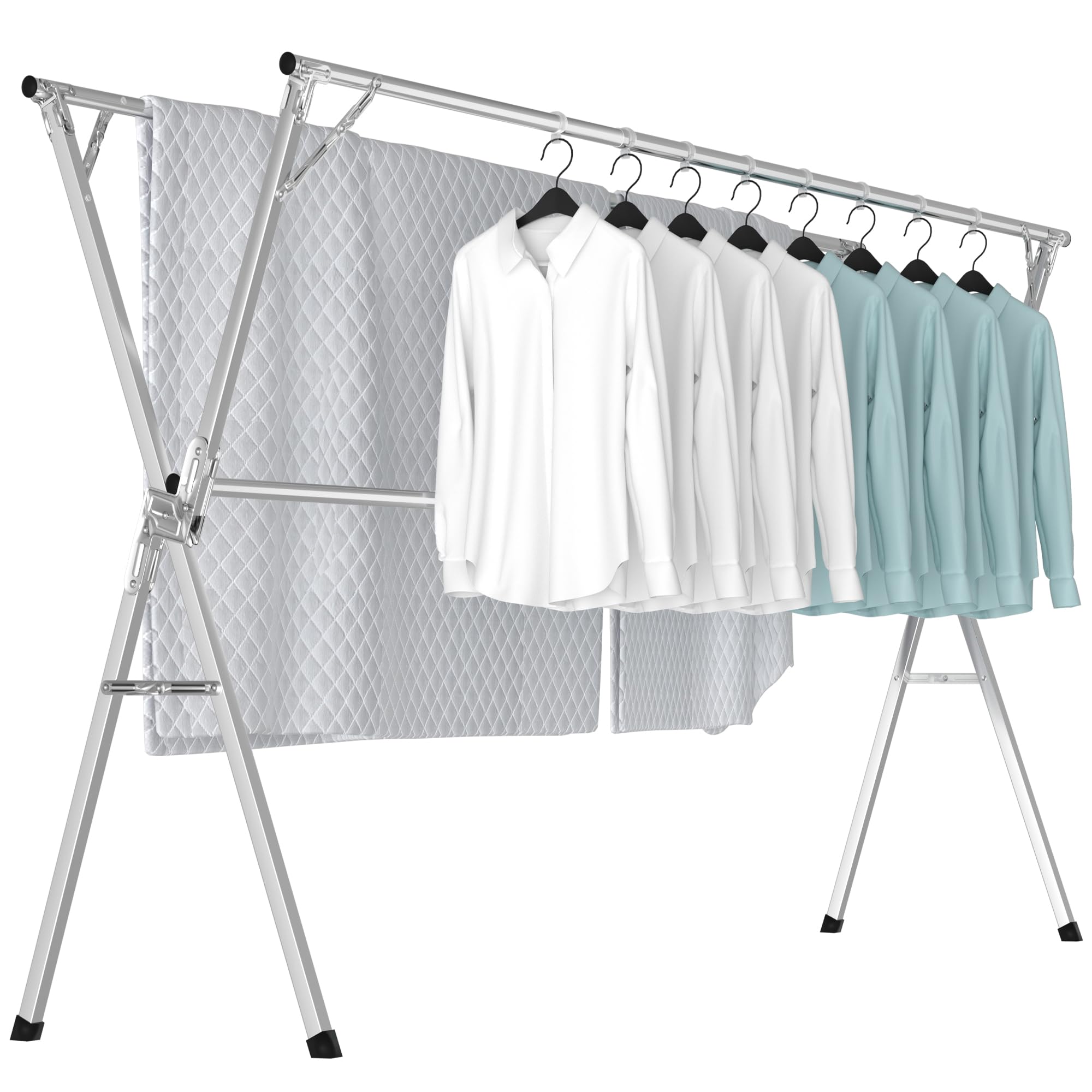 OUUTMEE 150-240 cm, stendibiancheria in acciaio inox, pieghevole, per uso domestico ed esterno, con 20 ganci in polipropilene antivento, allungabile