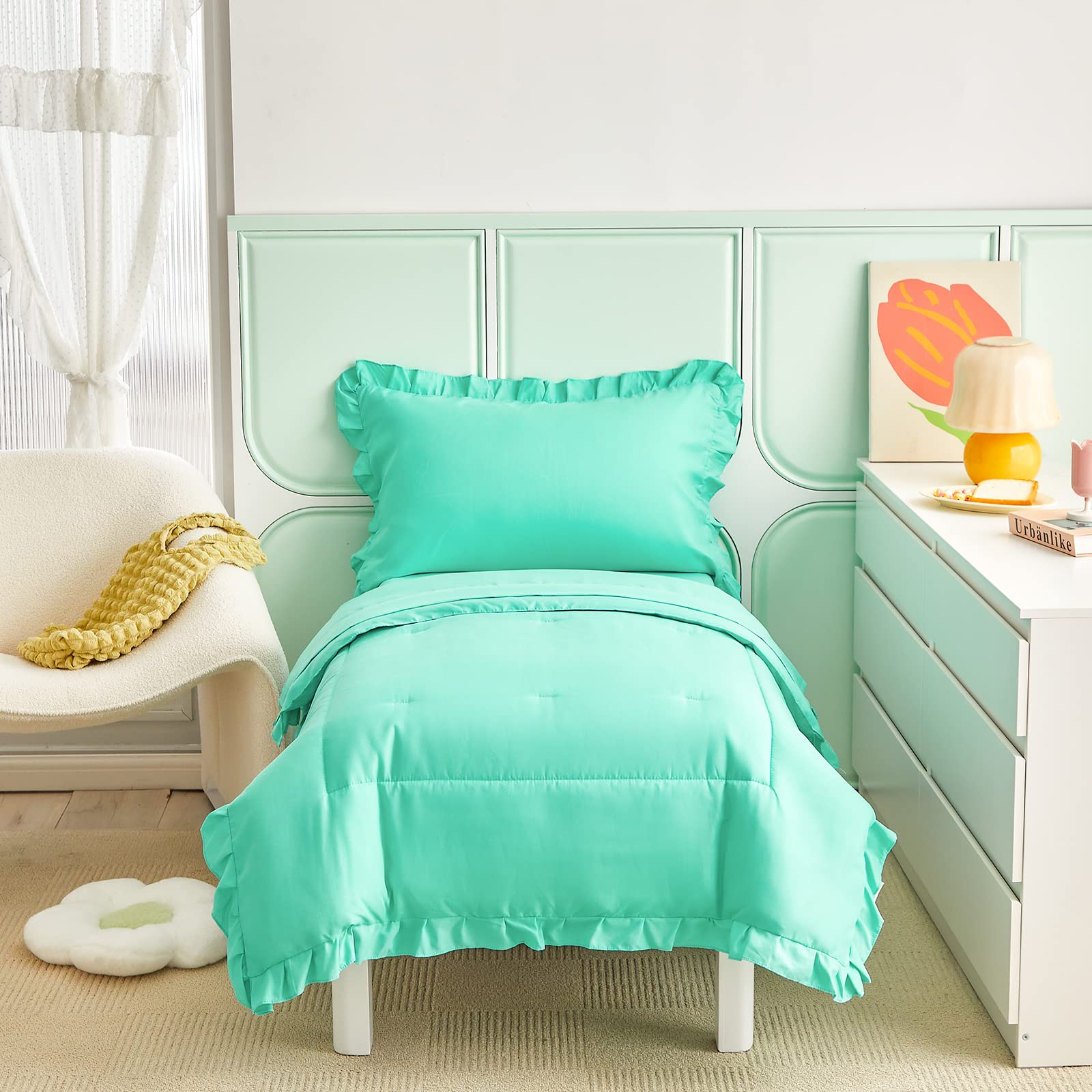 Juego de ropa de cama de 4 piezas para niños pequeños, color verde azulado, con flecos de volantes, color liso, 1 edredón para niños pequeños, 1 sábana bajera, 1 sábana encimera y 1 funda de almohada
