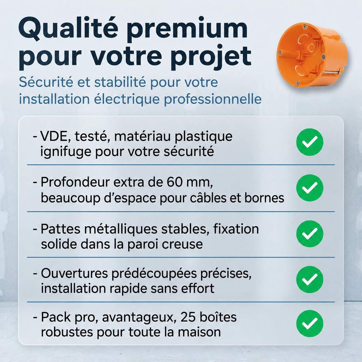 Lot de 25 boîtes encastrées pour cloison sèche et placoplâtre - 68 mm de diamètre - 60 mm de profondeur - Pour cloison sèche et placoplâtre - Boîtes encastrées pour interrupteurs et