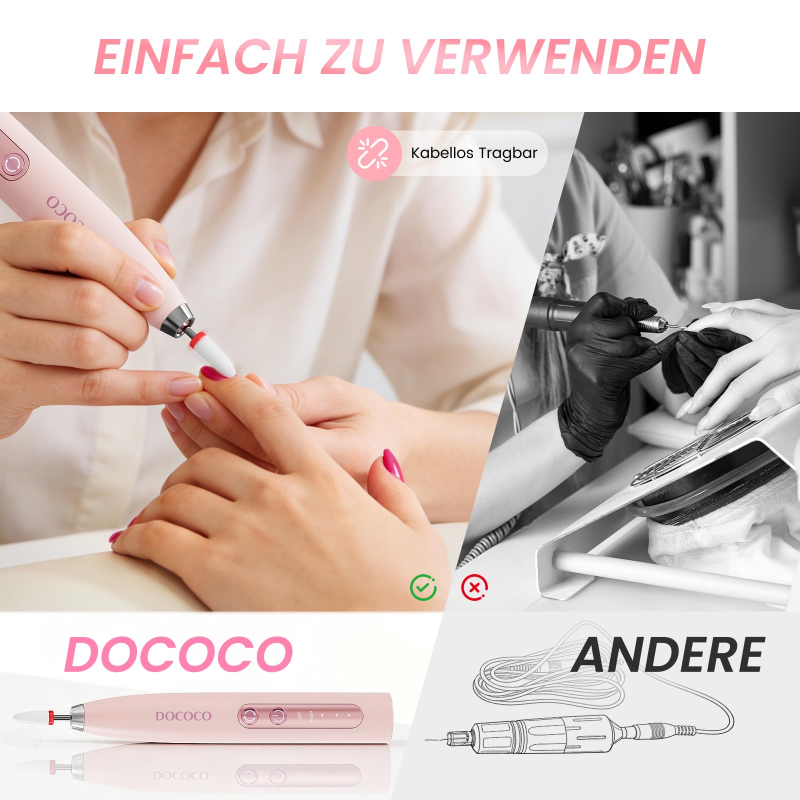 15 in 1 Elektrische Nagelfeile Kabellos 35.000 U/Min, Nagelfräser für Gelnägel Regelbare Geschwindigkeit und Richtung für Anfänger - Rosa