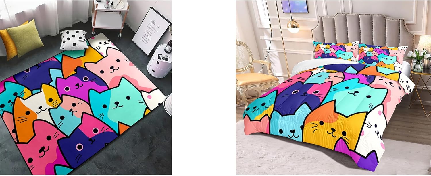 Cat Rug for Girls Room 2.5x4 Feet & Cat Comforter Set Queen