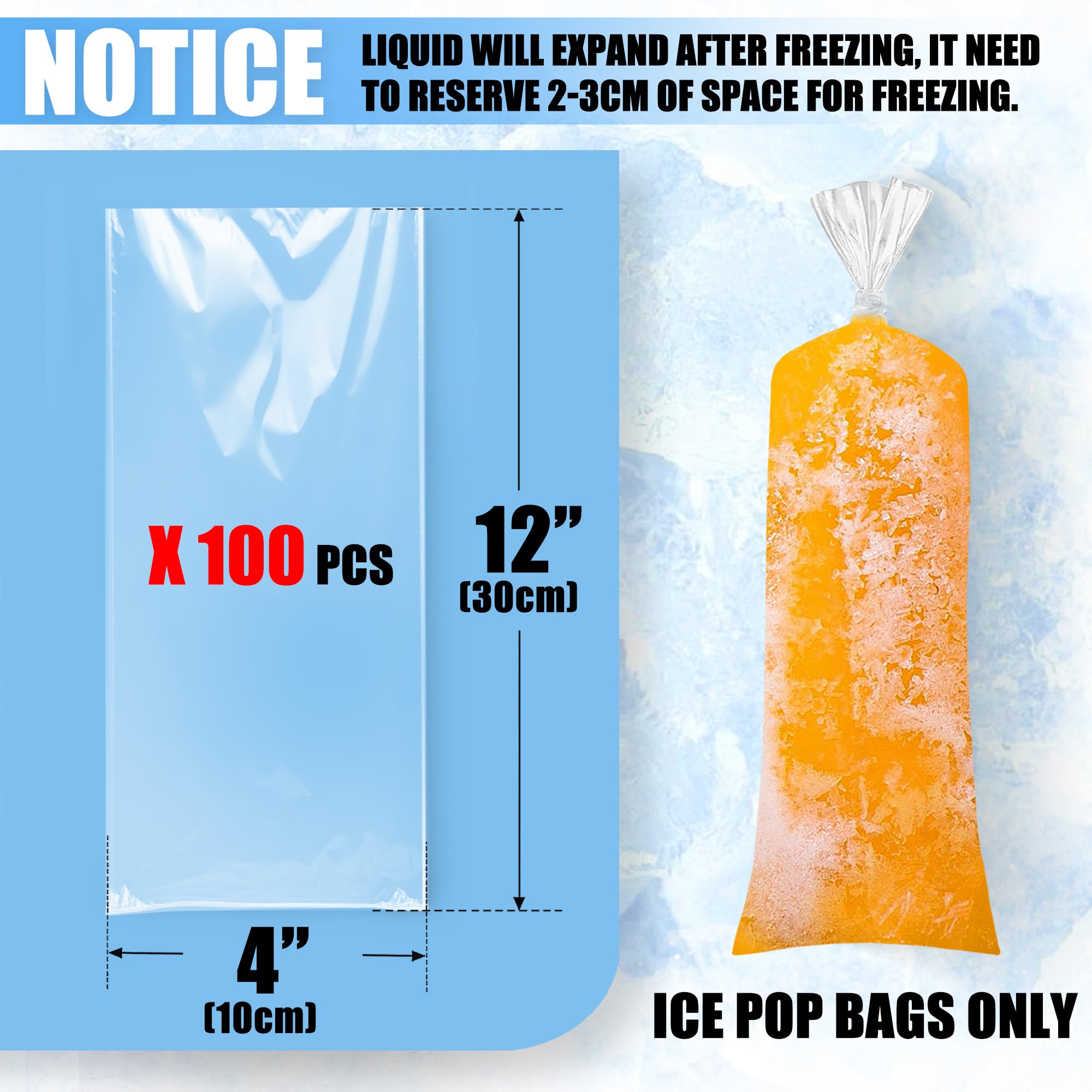 Bolsas de hielo – 100 fundas desechables transparentes de 4 x 12 pulgadas con embudo, tubos de plástico para dulces de hielo para bricolaje, golosinas congeladas caseras, jugo, yogur, palitos 2