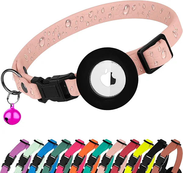 Waterproof Breakaway Cat Collar with Removable Airtag Holder - Cute Safety Apple Airtag Cat Collars with Bell - Lightweight GPS Tracking Pet Collar for Girl Boy Cats Kitten (Flamingo)
