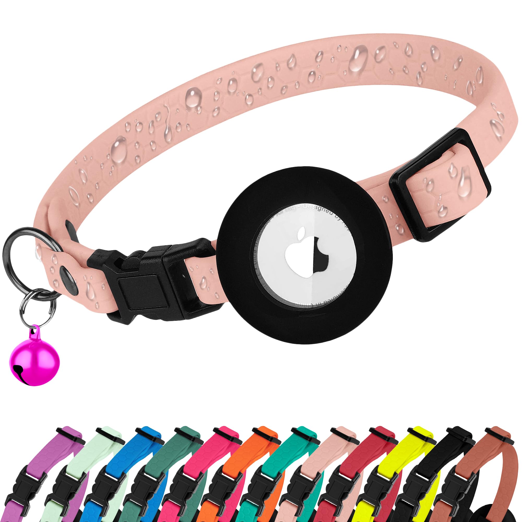 Waterproof Breakaway Cat Collar with Removable Airtag Holder - Cute Safety Apple Airtag Cat Collars with Bell - Lightweight GPS Tracking Pet Collar for Girl Boy Cats Kitten (Flamingo)