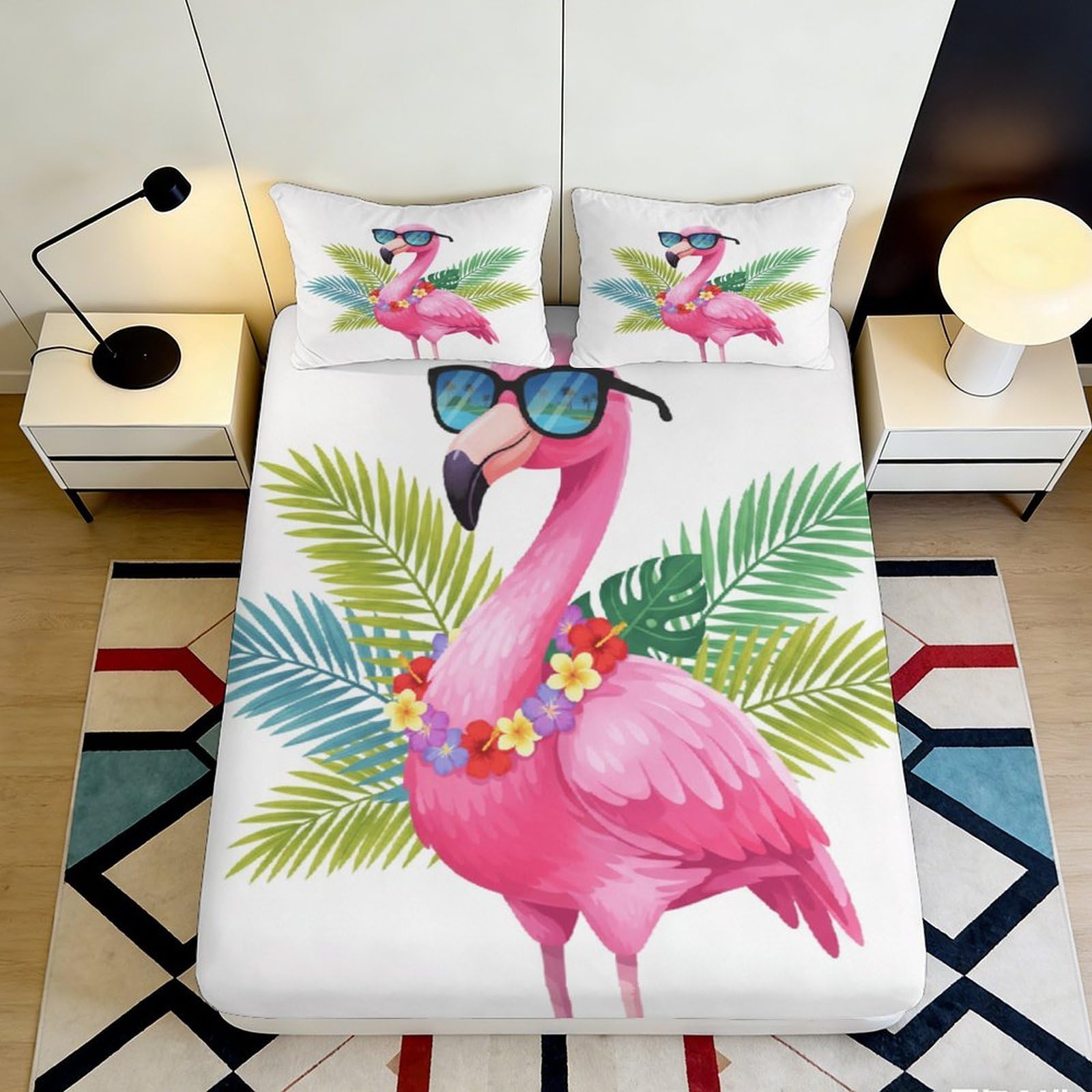 3D Printed Flamingo Tropical Fitted Sheet Microfiber Soft Pink Leaves Bed Cover for Bedroom Guest Room Decor 90x200x25cm