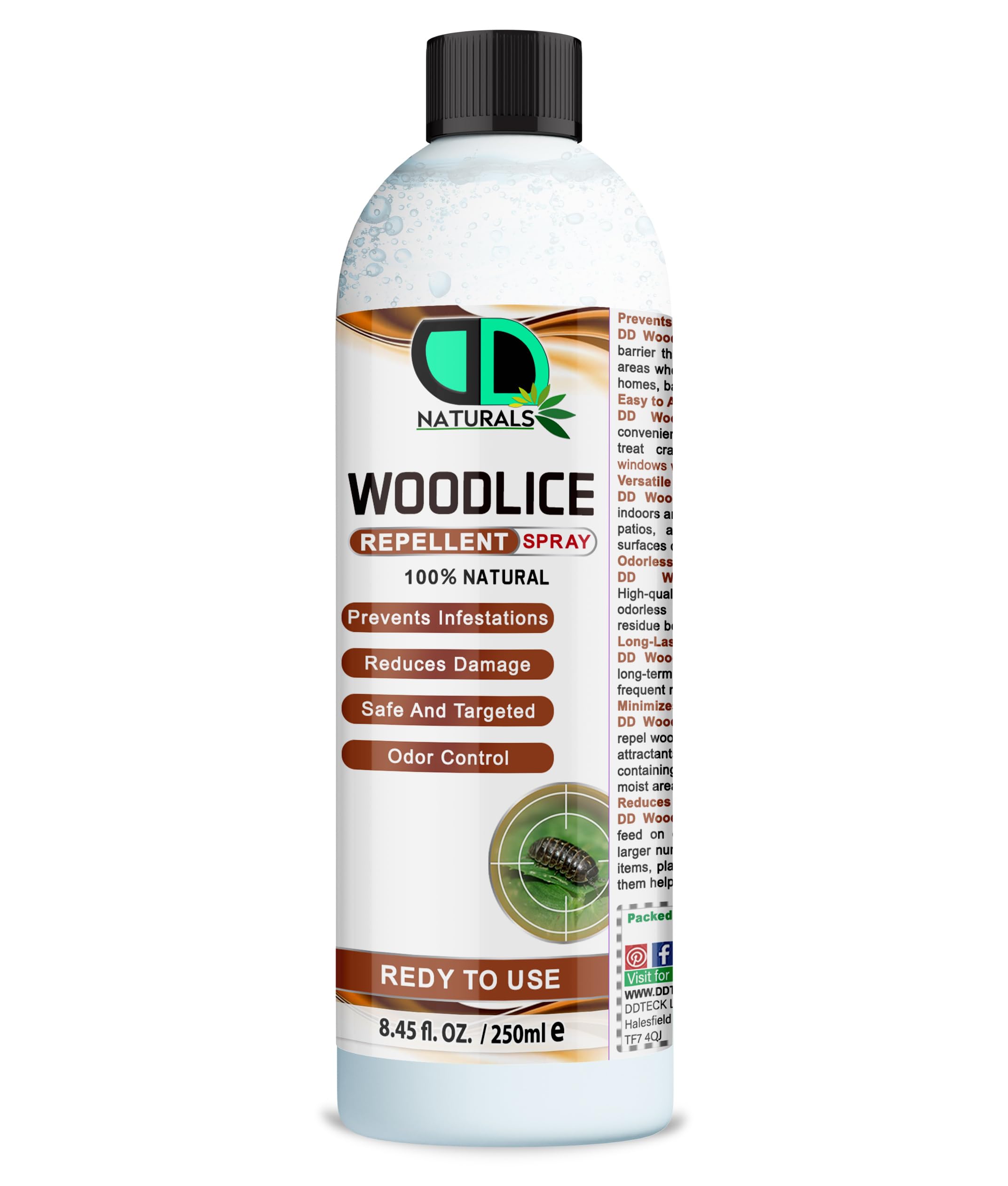 DD Teck Woodlice Repellent | 100% Natural Insect Control Solution | Prevents Infestations, Reduces Damage, Safe & Targeted, Odor Control | Ready to Use (250ml)