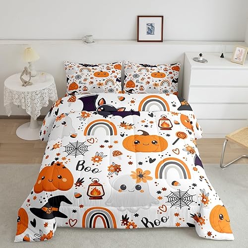 Erosebridal Juego de ropa de cama con diseño de arco iris, decoración de calabaza de Halloween, gótico, murciélagos de Halloween para niños, lindo