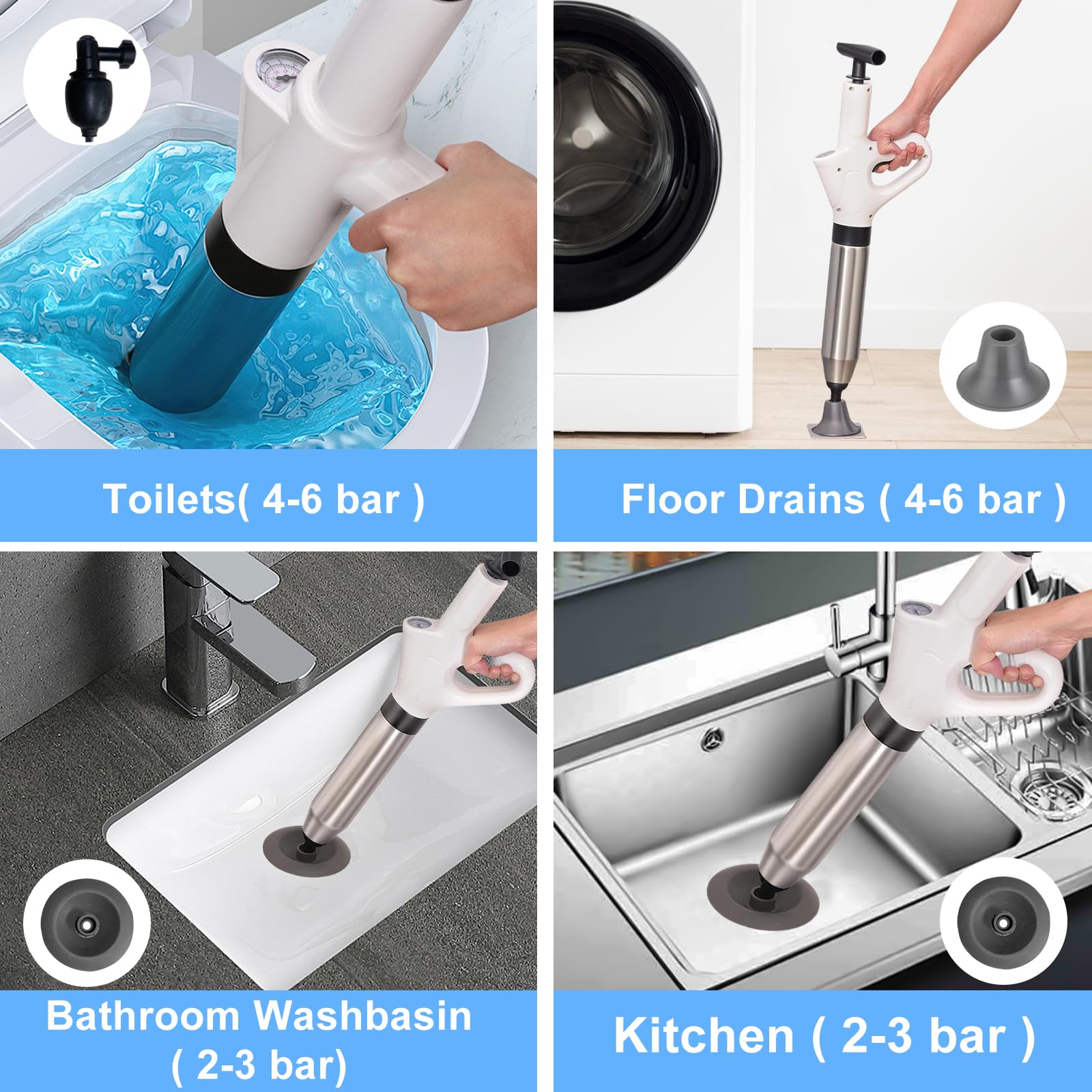 Pulitore per tubi con indicatore di pressione dell'aria, 4 ventose, pulitore per tubi ad aria compressa, per lavabo, WC, bagno, doccia, cucina