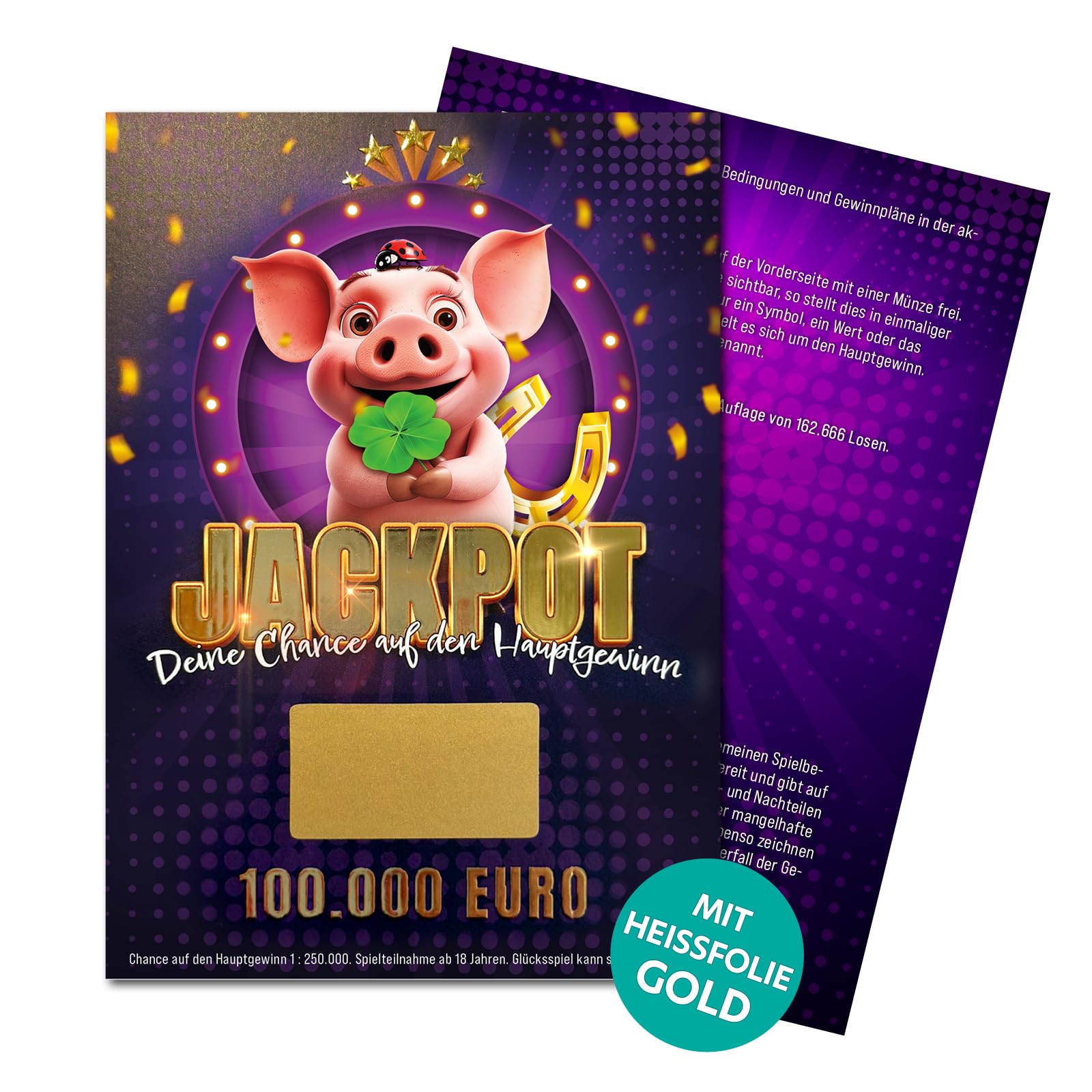 Jackpotkarte Glücks-Schwein zum Freirubbeln - 6 Stück – mit Rubbelaufklebern – Hauptgewinn – Geschenkidee – Rubbelkarte selber ausfüllen – Baby – Enthüllung