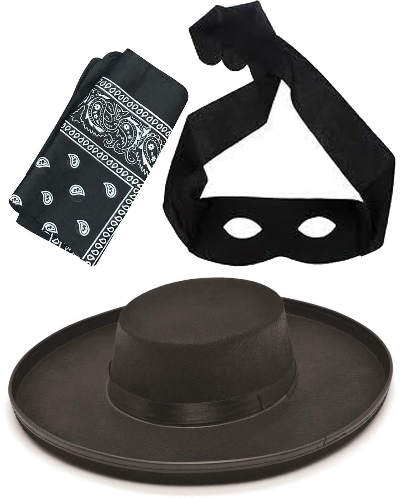 labreeze Adults Black Bandit Felt Hat Mask Paisley Bandana Spanish Fancy Dress Set