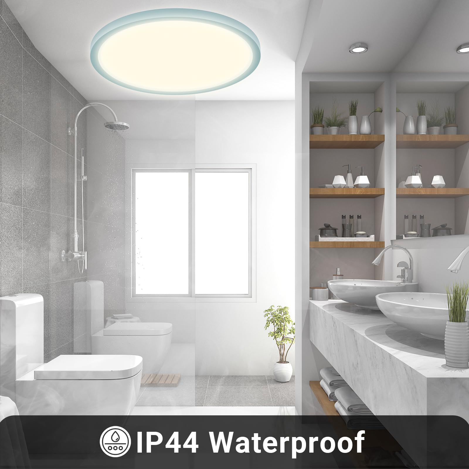LQWELL® Lampa Sufitowa LED, Wodoodporna Lampa Łazienkowa IP44 Okrągła Płaska 23W 4000K 2600lm Cienka Do Salonu Łazienka Sypialnia Kuchnia Piwnica Biuro, 300 * 25mm