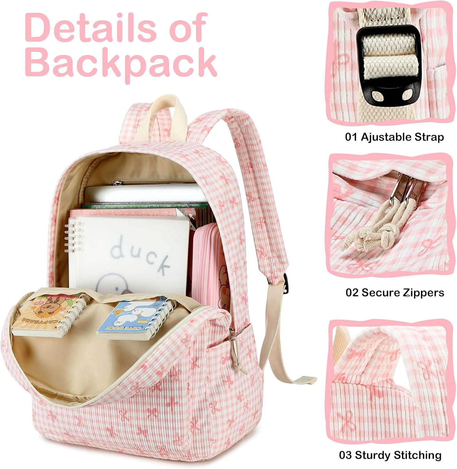 LEDAOU Kids Backpack for Girls Backpacks with Lunch Box, Lightweight Bookbag Set Elementary Middle School Back pack for 8-14