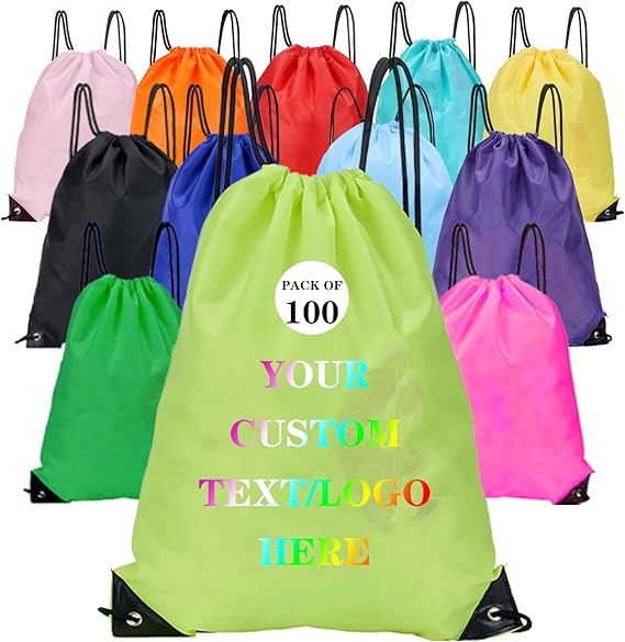 Custom Bags With Your Logo Set of 100 Custom Backpack Draw String Bags Pack Bulk for Travelling Swimming Gym Everyday Use (Yellowish green)